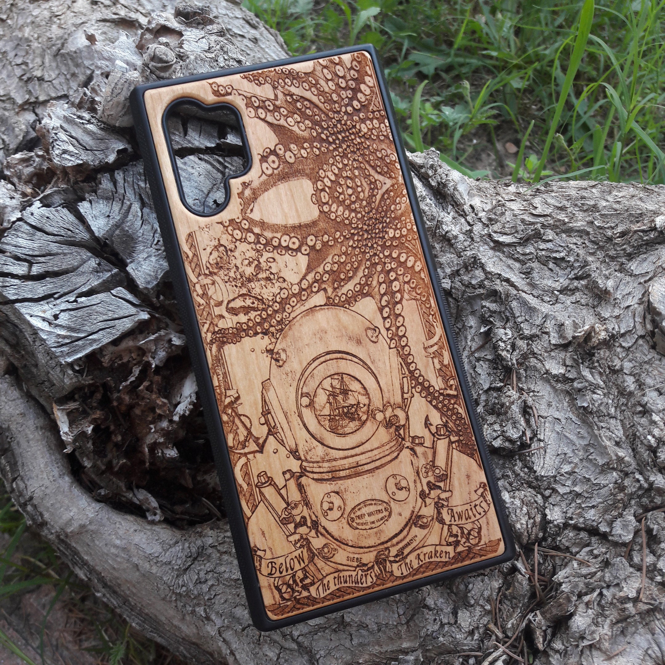 Wooden phone case featuring a detailed deep-sea diver and kraken design, laser-engraved for iPhone , iPhone 15, Samsung Galaxy S, and other models. A must-have for fans of nautical and mythical art.