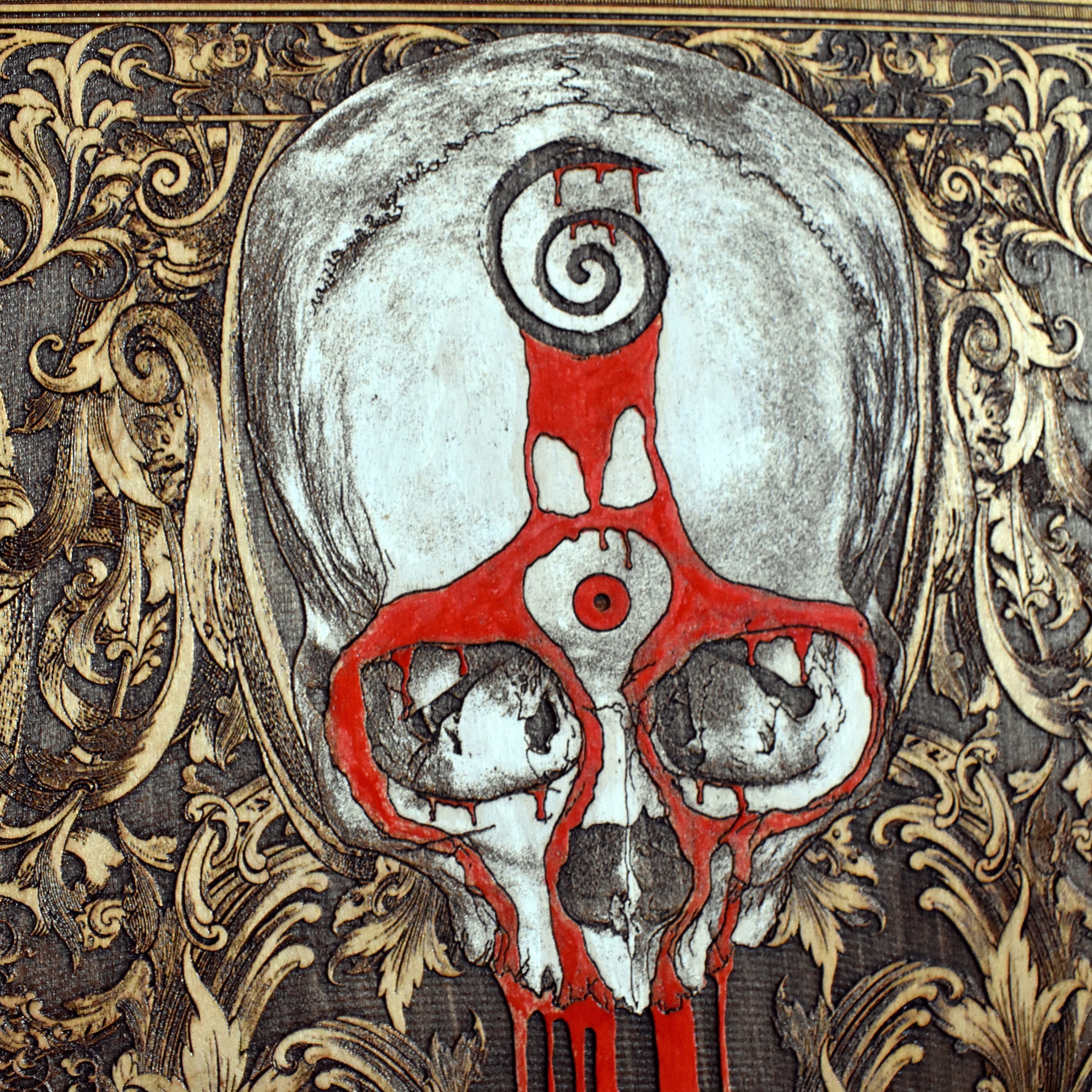 Memento mori skull with clock engraved in wood, gothic wall accent.