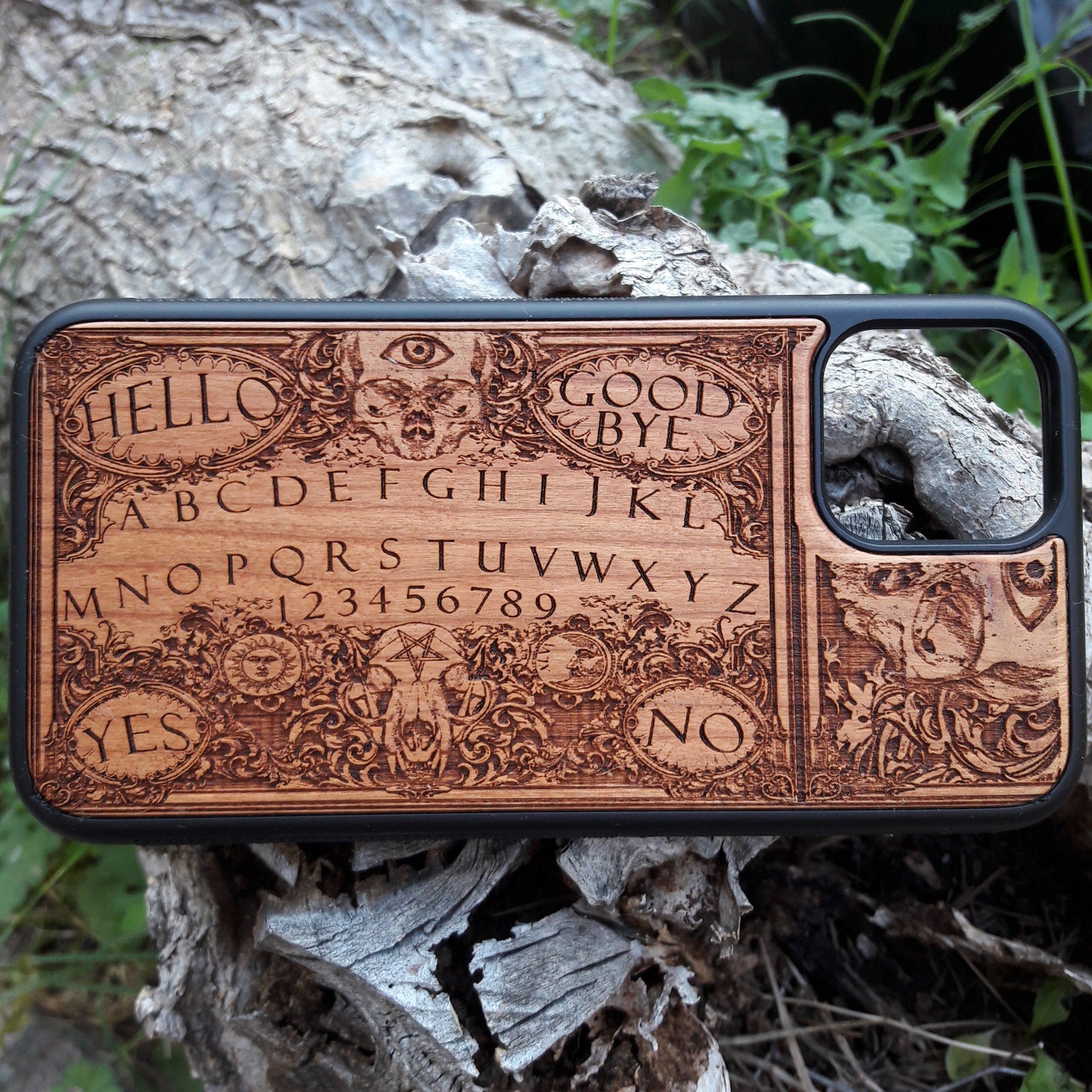 Ouija Board wood phone case, gothic hand-painted and laser engraved design
