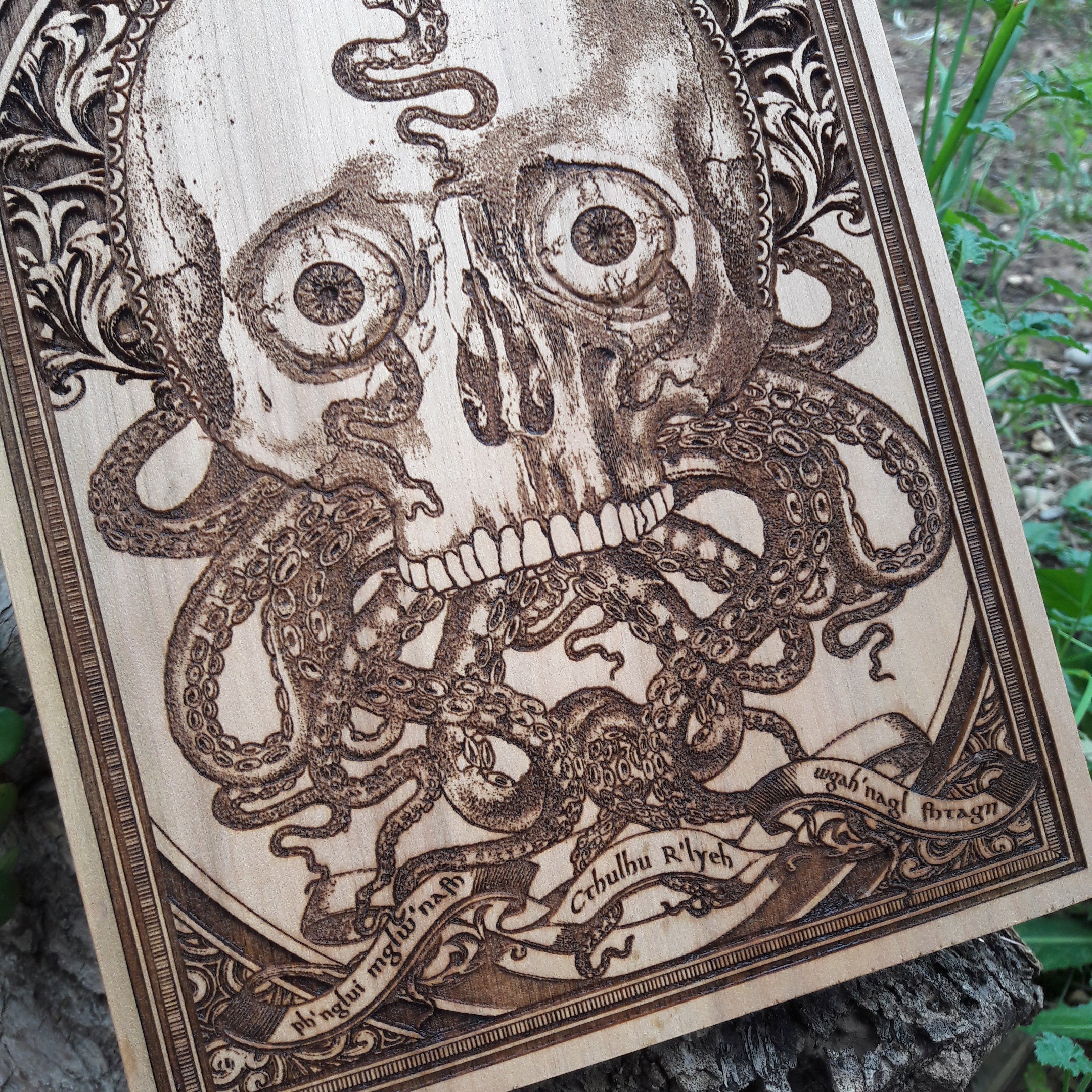 Cthulhu skull wood engraving with Lovecraftian tentacles – perfect for gothic home decor.