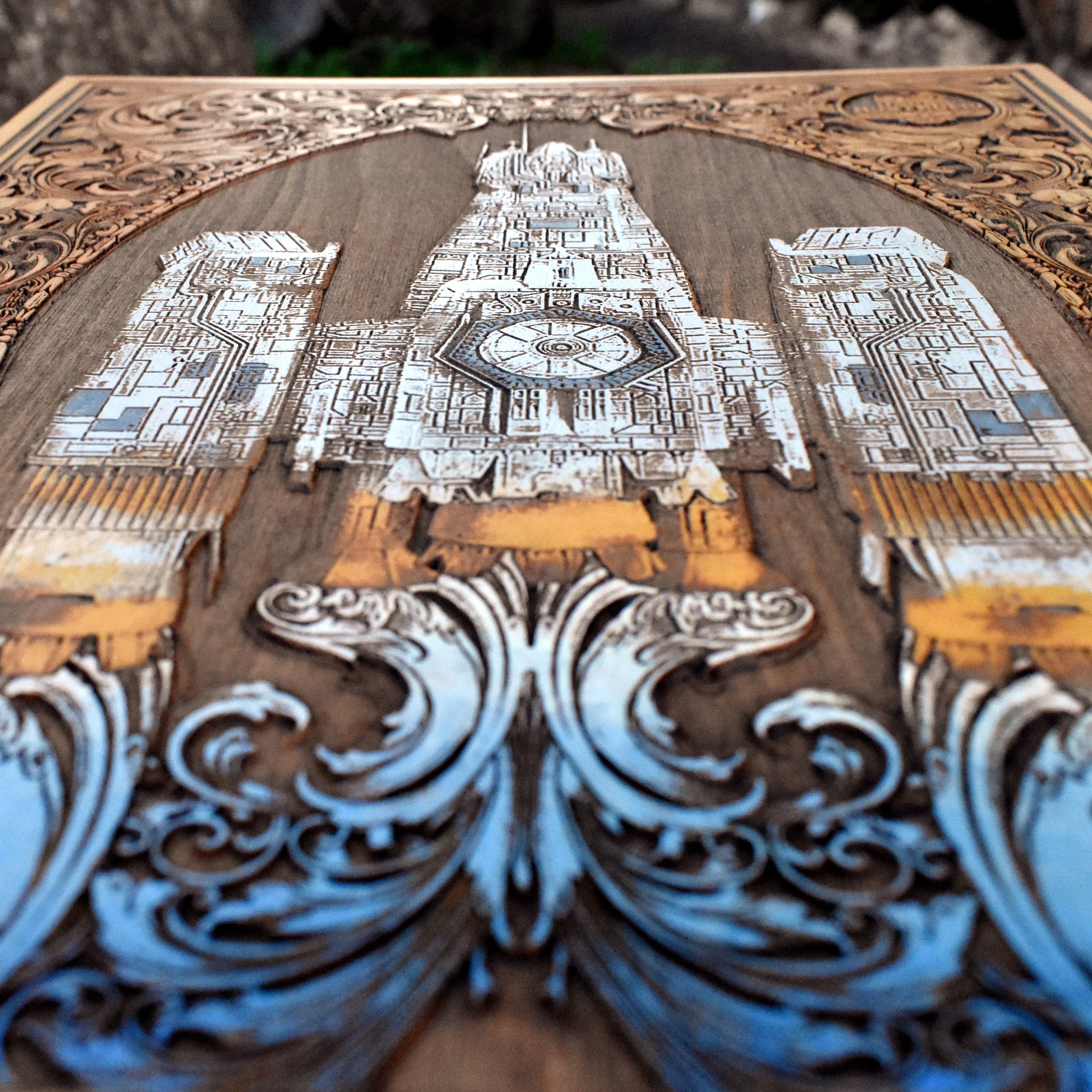 Hand-painted wood wall art featuring Nostromo ship from Alien film.