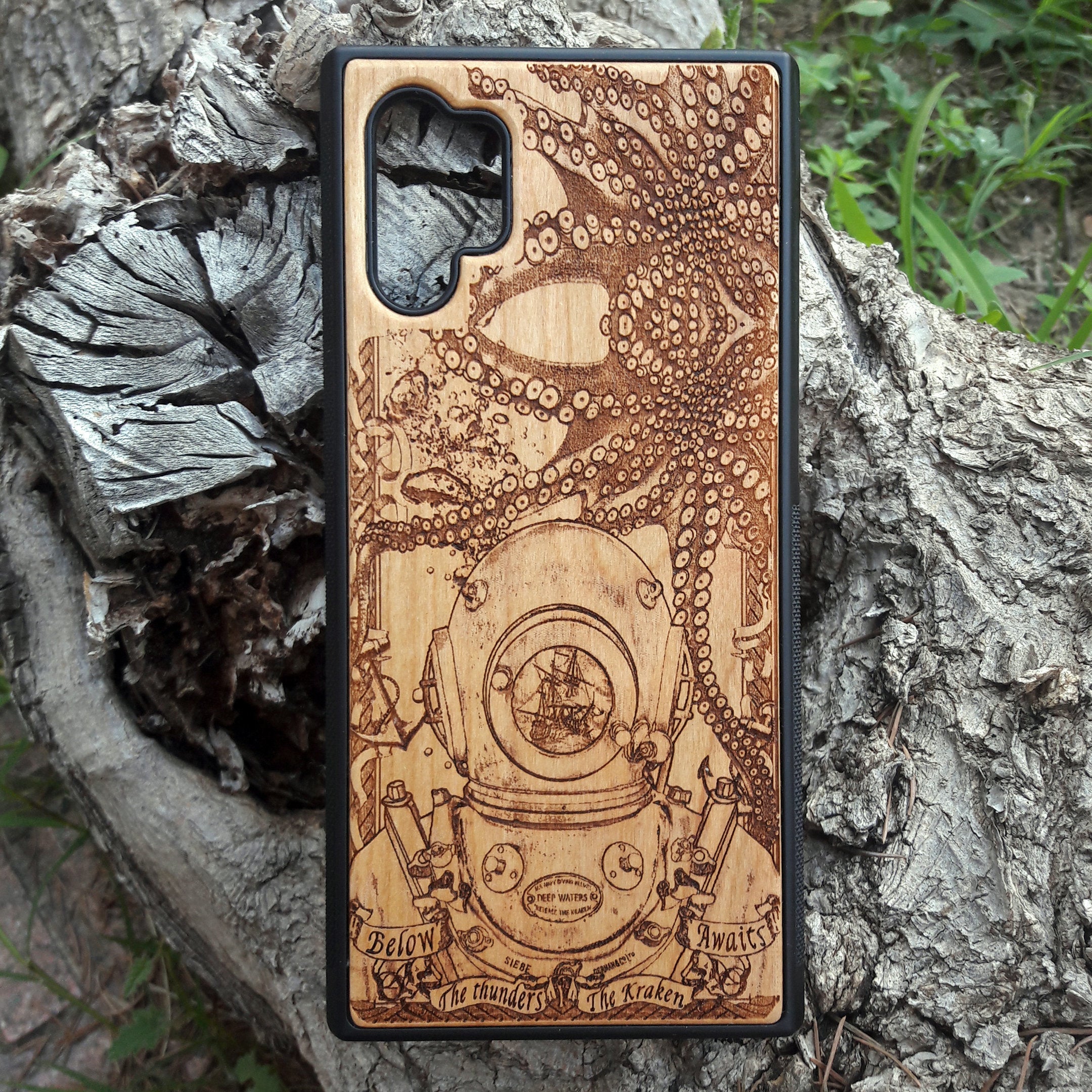 Wooden phone case featuring a detailed deep-sea diver and kraken design, laser-engraved for iPhone , iPhone 15, Samsung Galaxy S, and other models. A must-have for fans of nautical and mythical art.