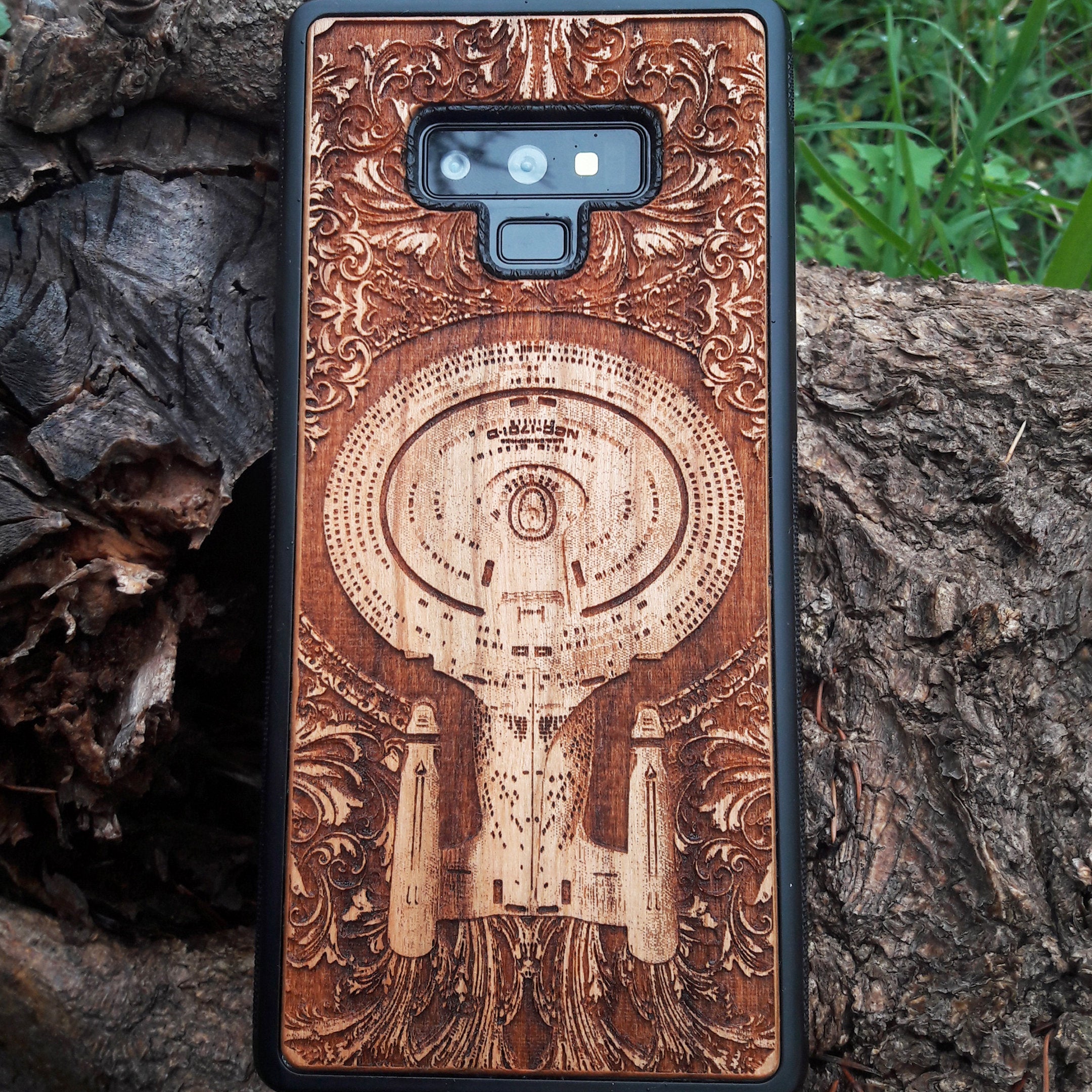 Star Trek NCC-1701D wood phone case, handcrafted and laser engraved design