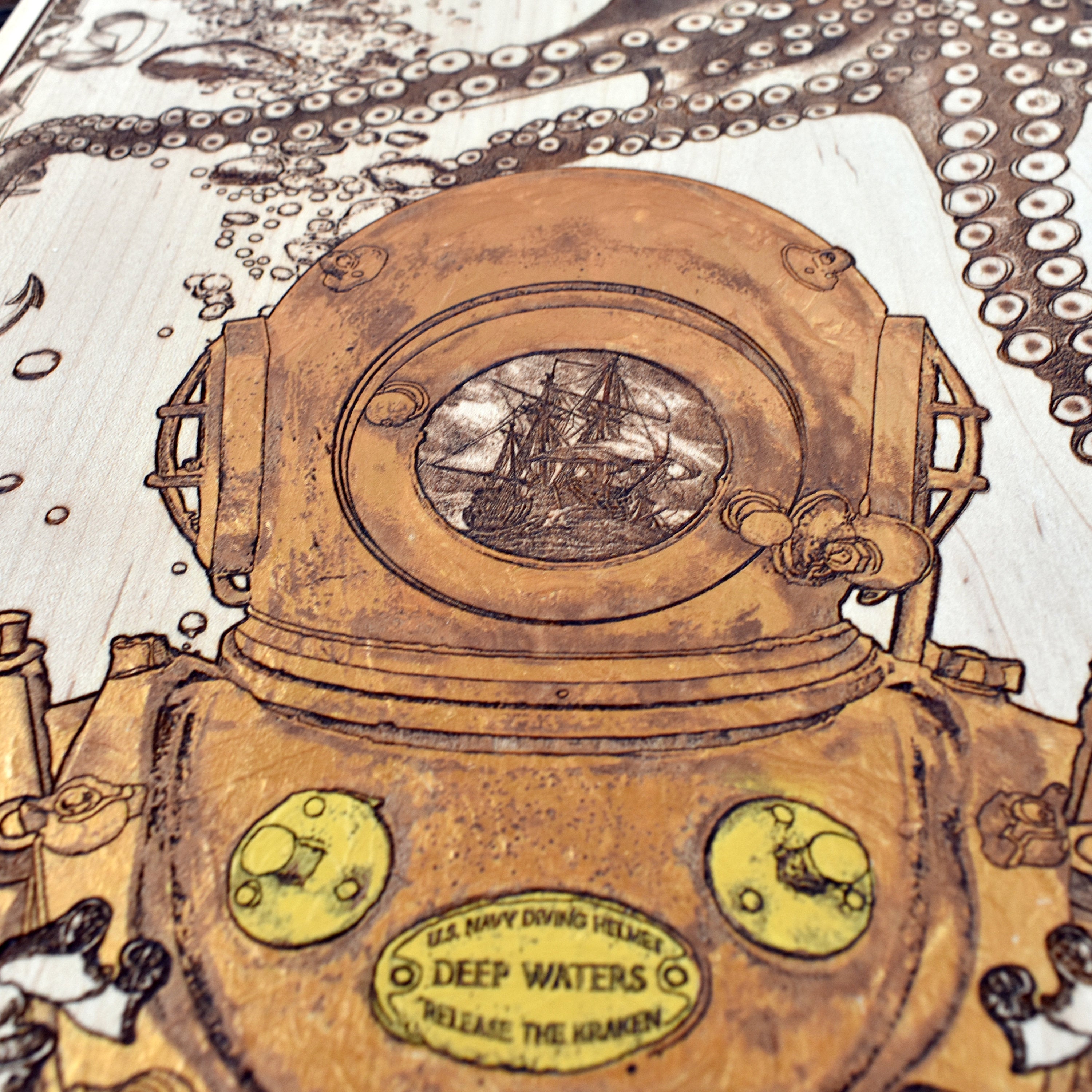 Nautical home decor kraken wood art piece with rustic details