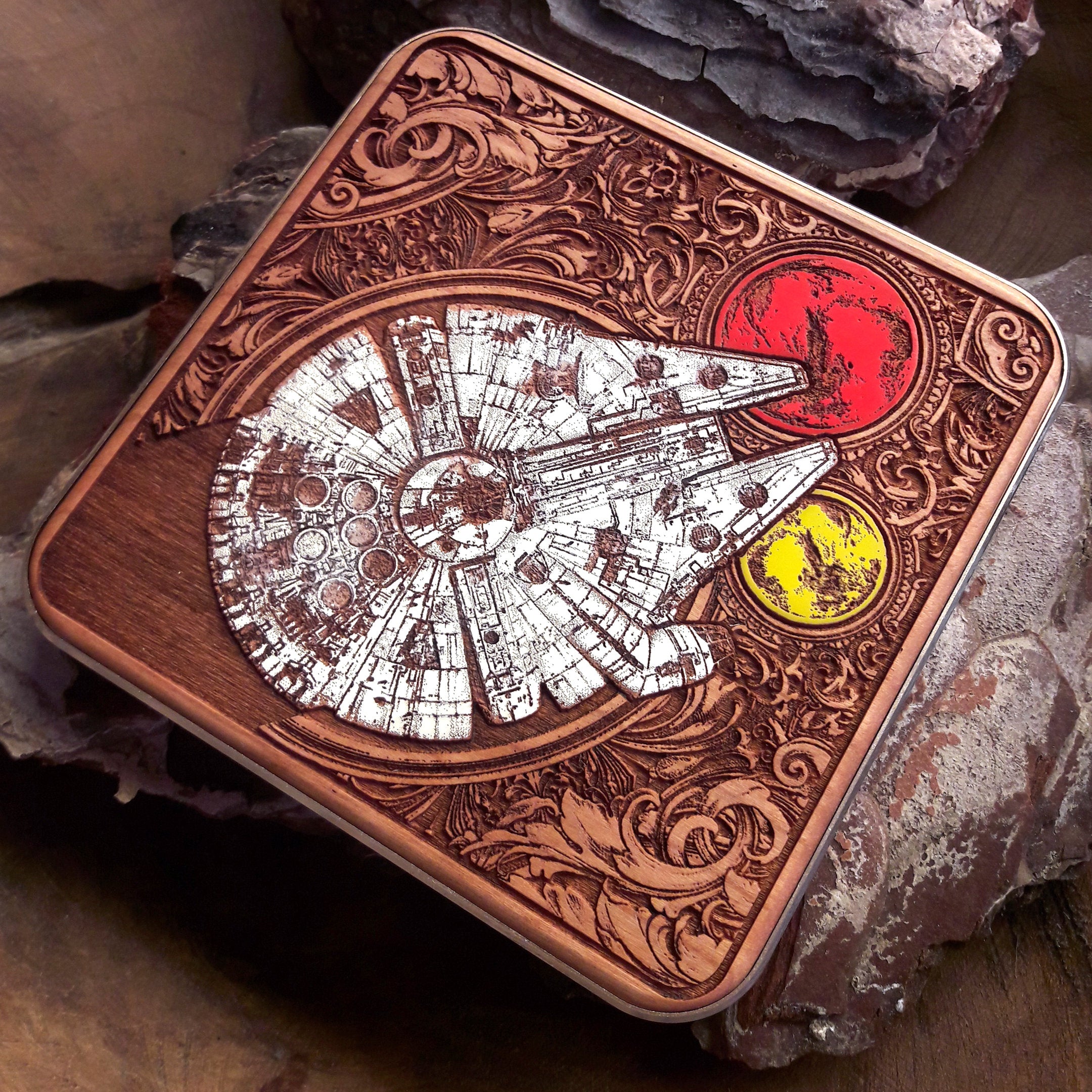 Handmade wireless charger featuring detailed galactic ship artwork.