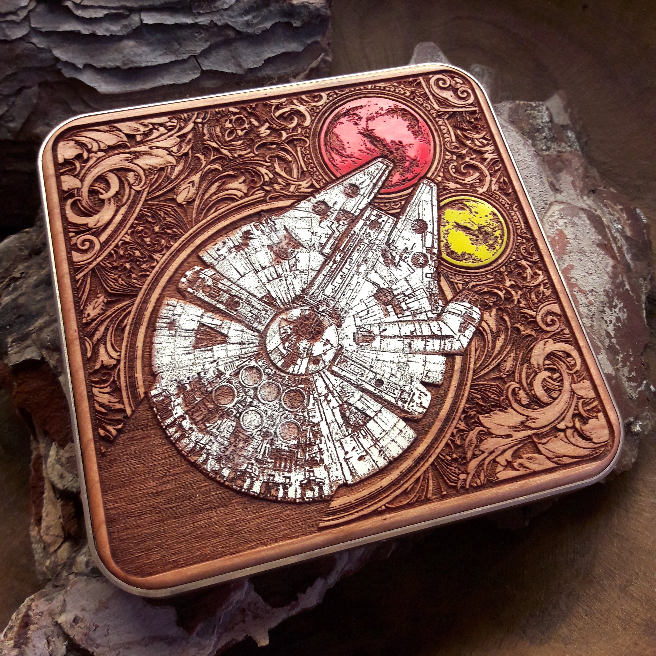 Close-up of galaxy battle scene with engraved sci-fi ships on charger.