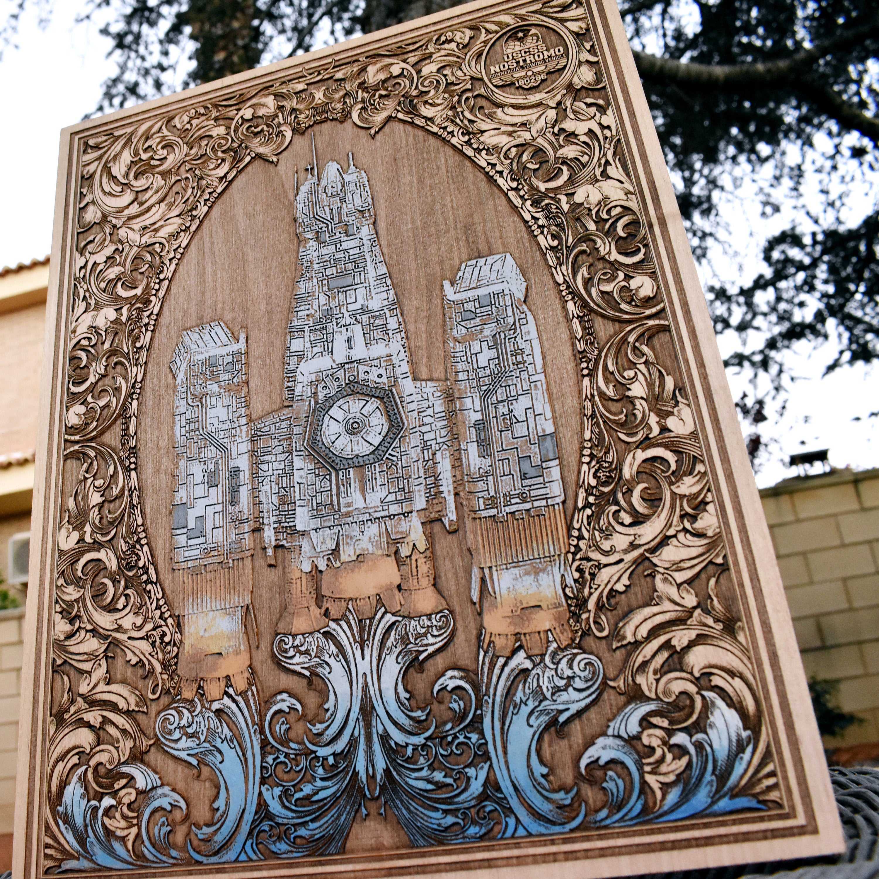 Wood wall art of Nostromo spaceship, sci-fi movie collector decor.