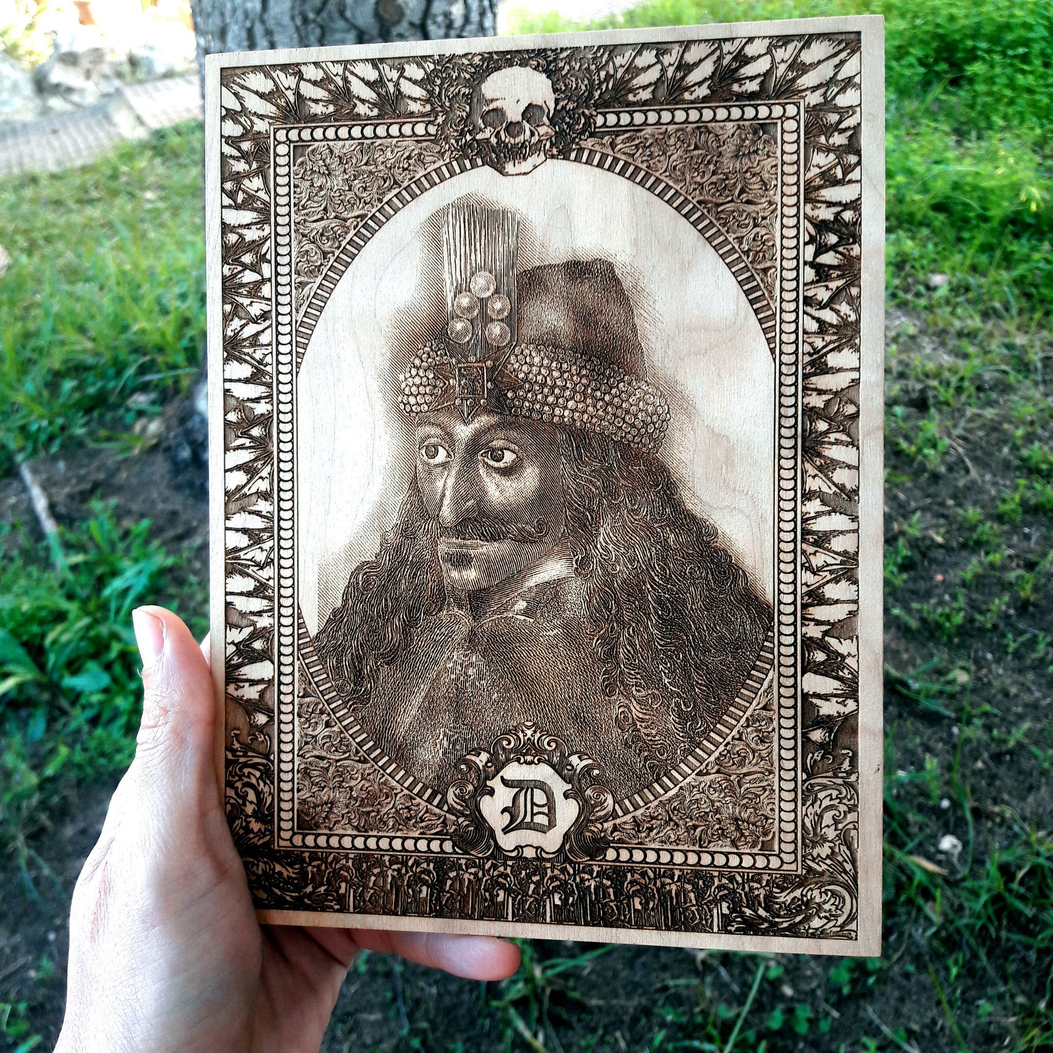 Engraved wooden portrait of Dracula Vlad Tepes for gothic and occult decor.
