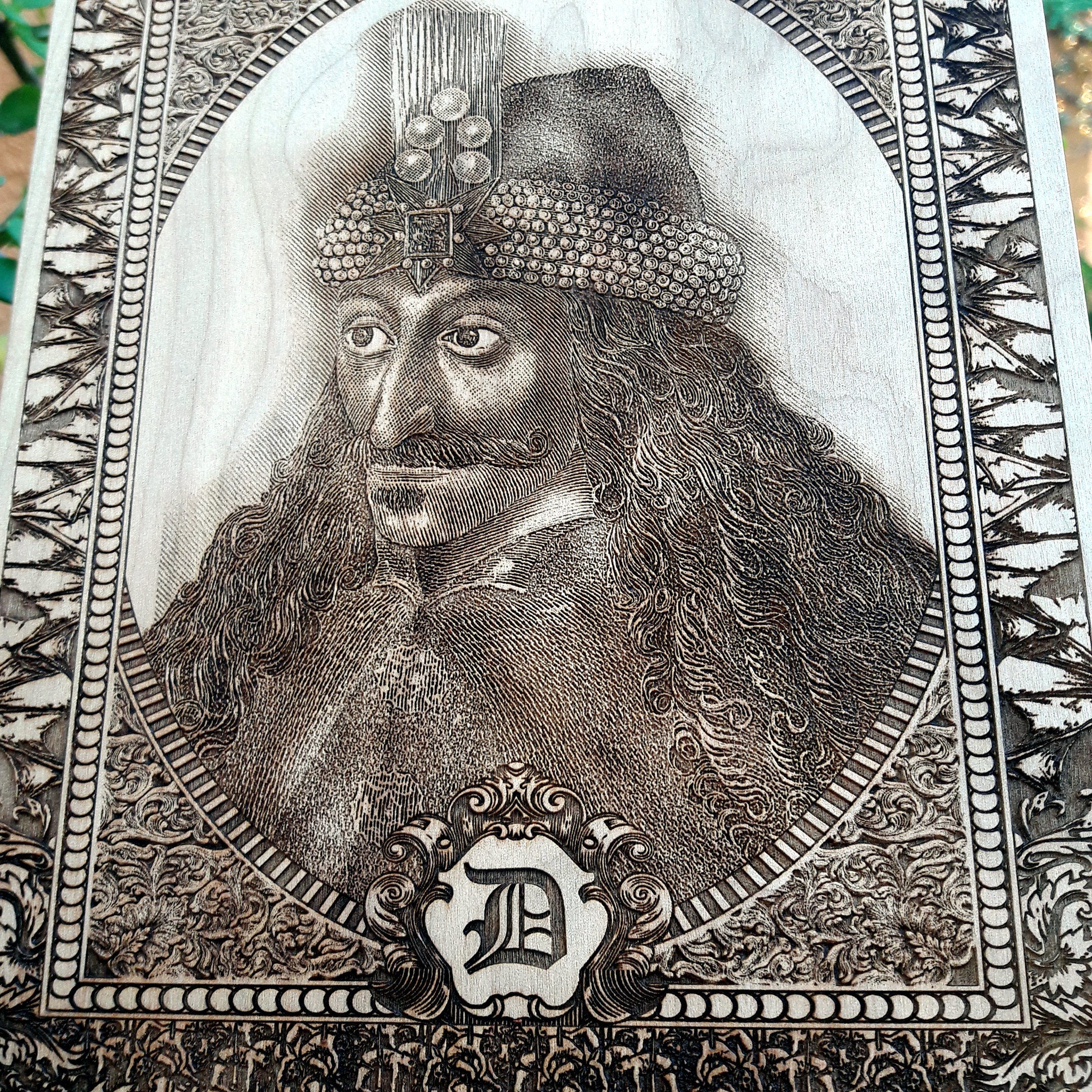 Hand-engraved wood art of Vlad Tepes, legendary inspiration for Dracula.