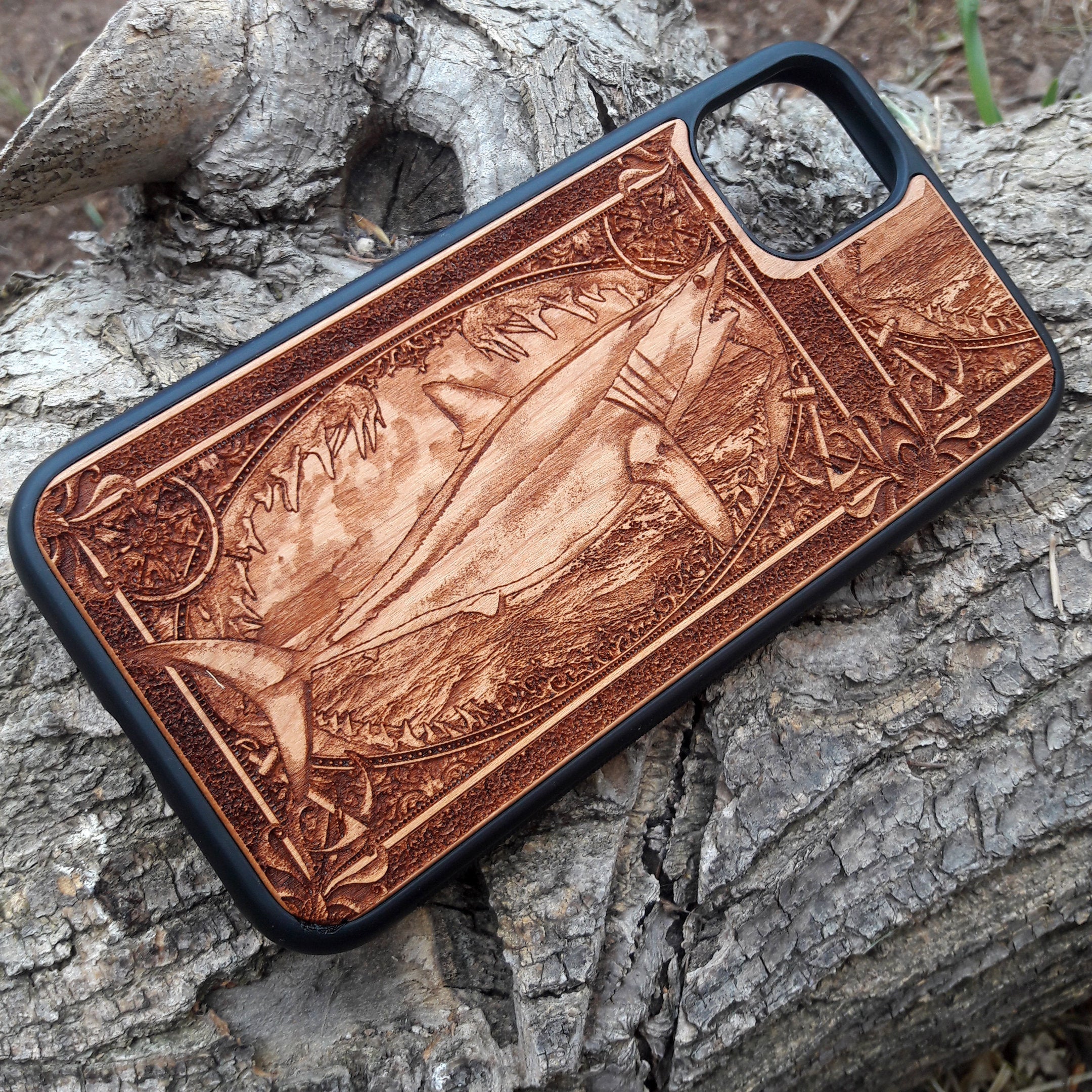 Wooden phone case featuring an intricately carved Mako Shark design, ideal for iPhone , iPhone 15, Galaxy S23, S22 Ultra, and other models. Perfect for marine wildlife lovers and nautical art enthusiasts.