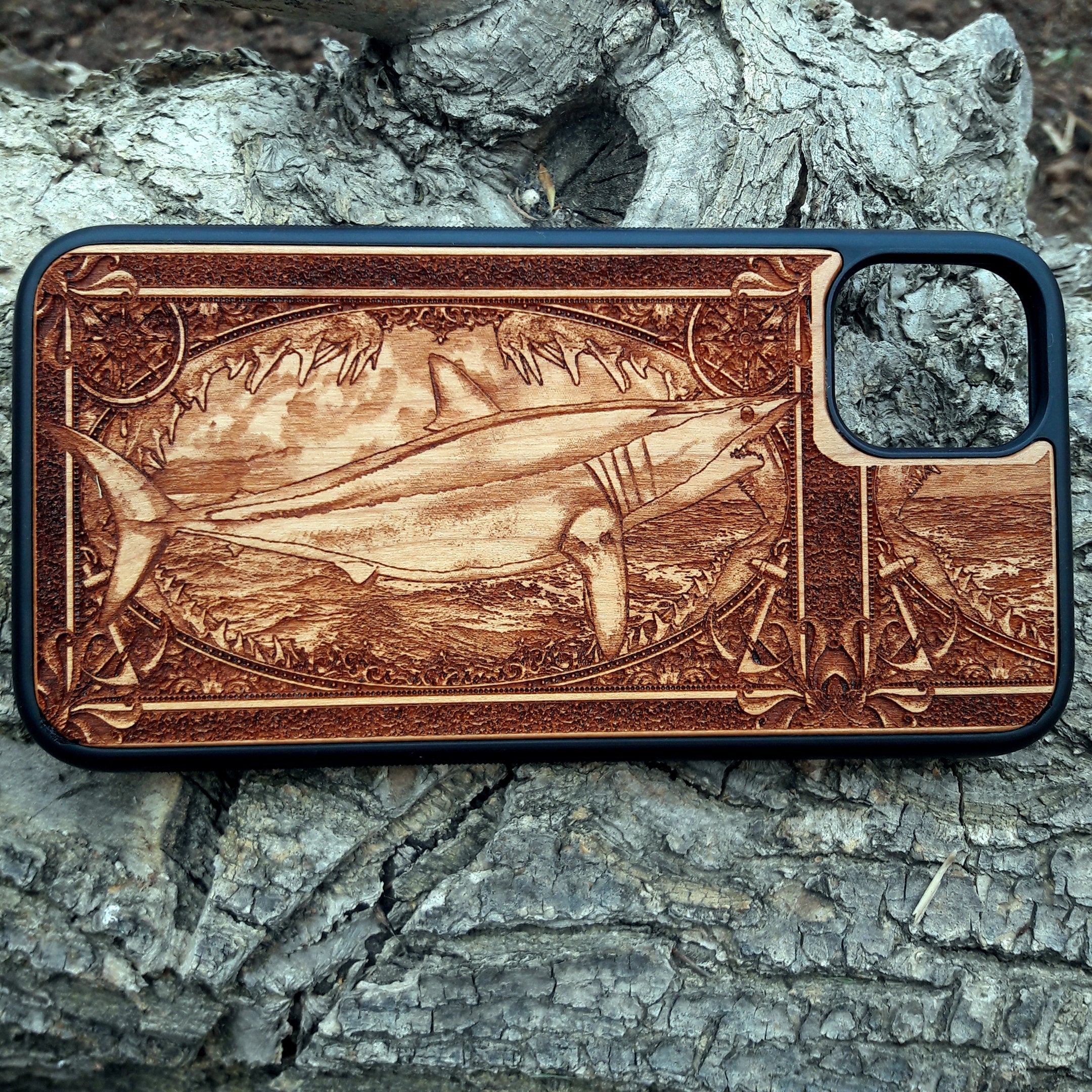 Wooden phone case featuring an intricately carved Mako Shark design, ideal for iPhone , iPhone 15, Galaxy S23, S22 Ultra, and other models. Perfect for marine wildlife lovers and nautical art enthusiasts.