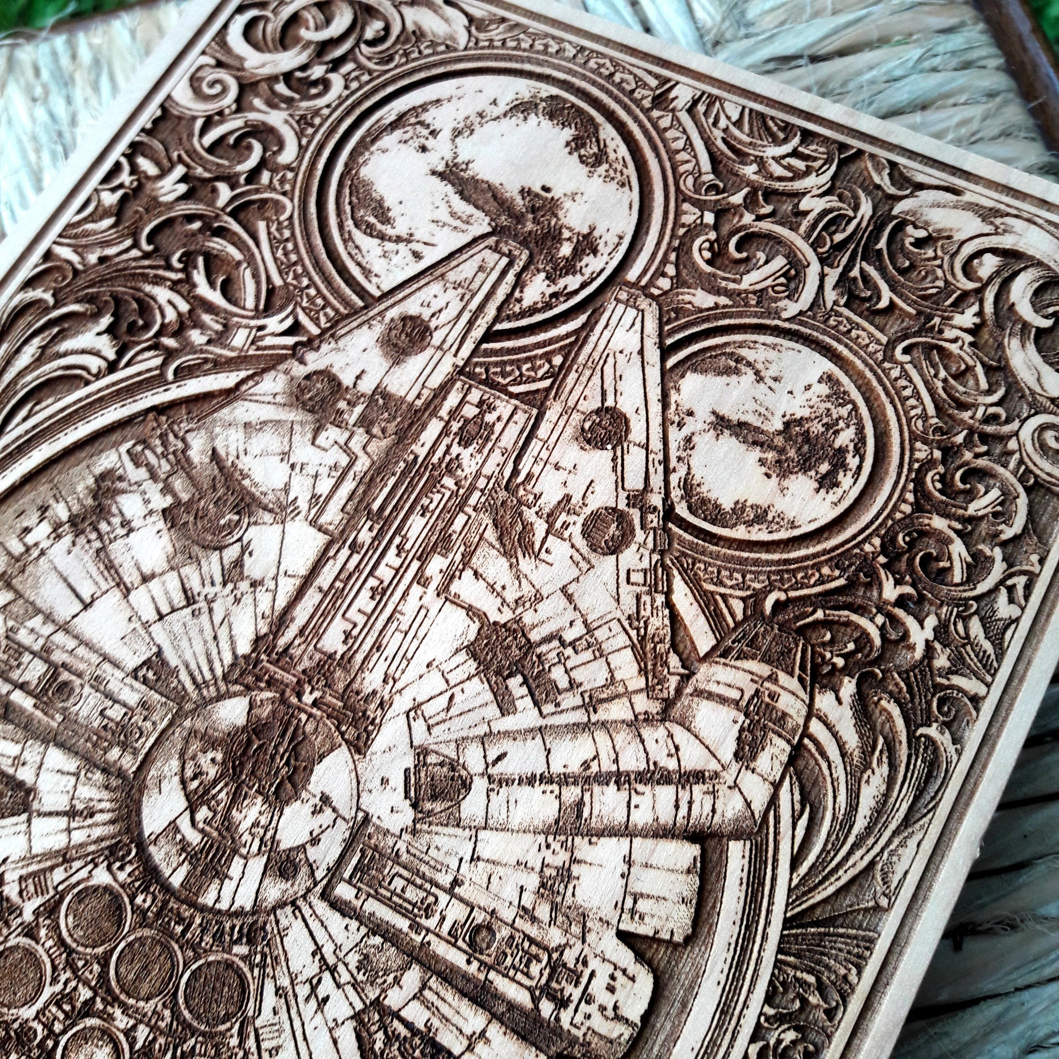 Star Wars-inspired wood engraving of the Millennium Falcon – detailed sci-fi artwork for collectors and home decor enthusiasts.