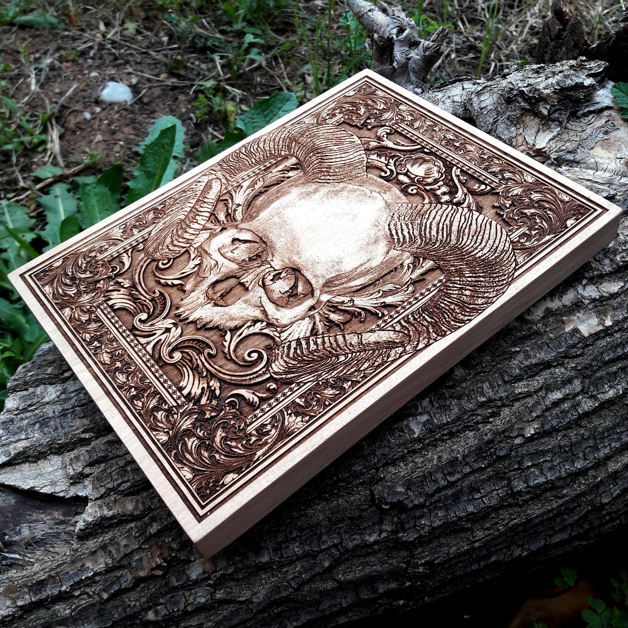 Diabolical skull gothic wood carving, horror decor for gothic and alternative home interiors.