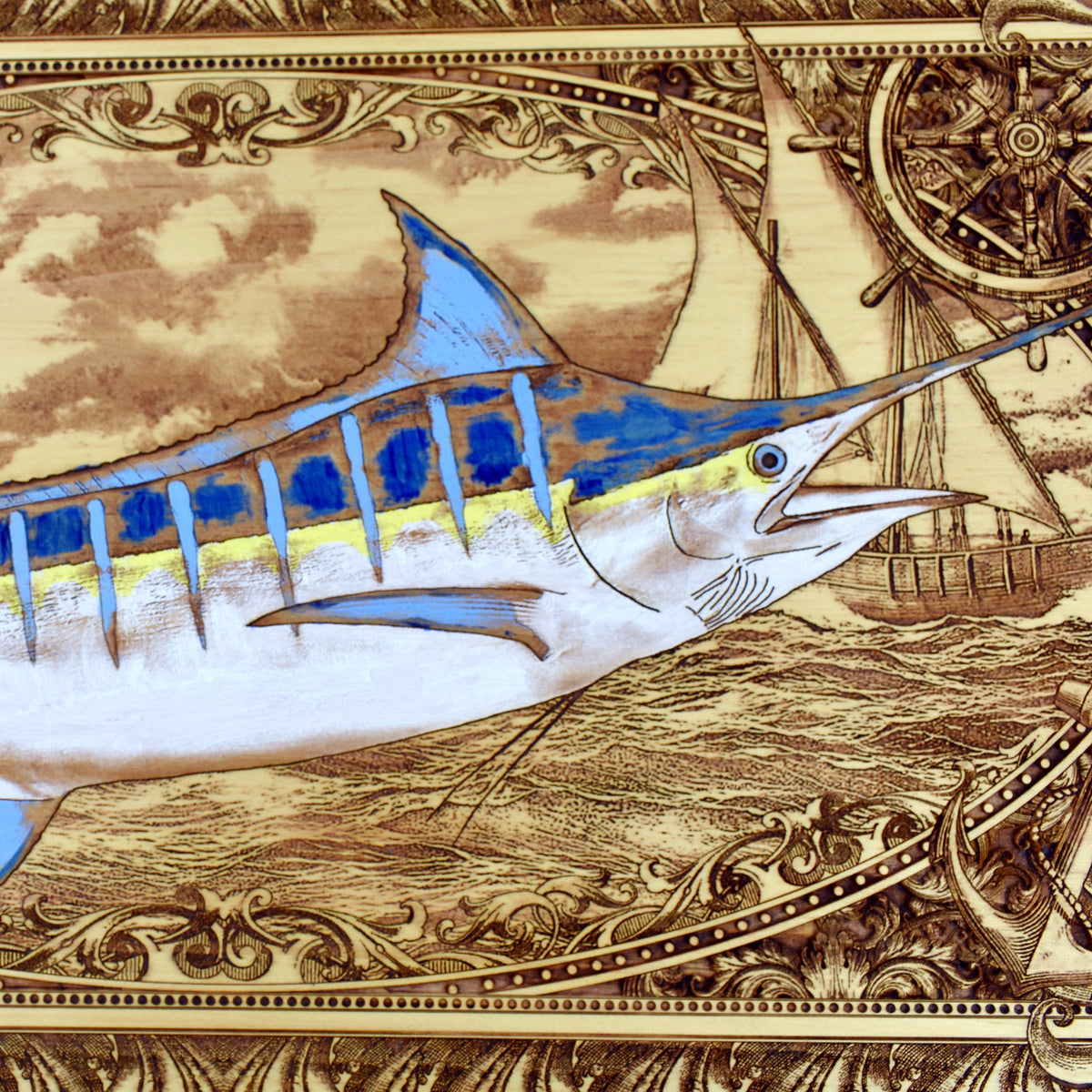 Extra-large blue marlin wood wall art, close-up of the blue marlin and engraved ocean scene