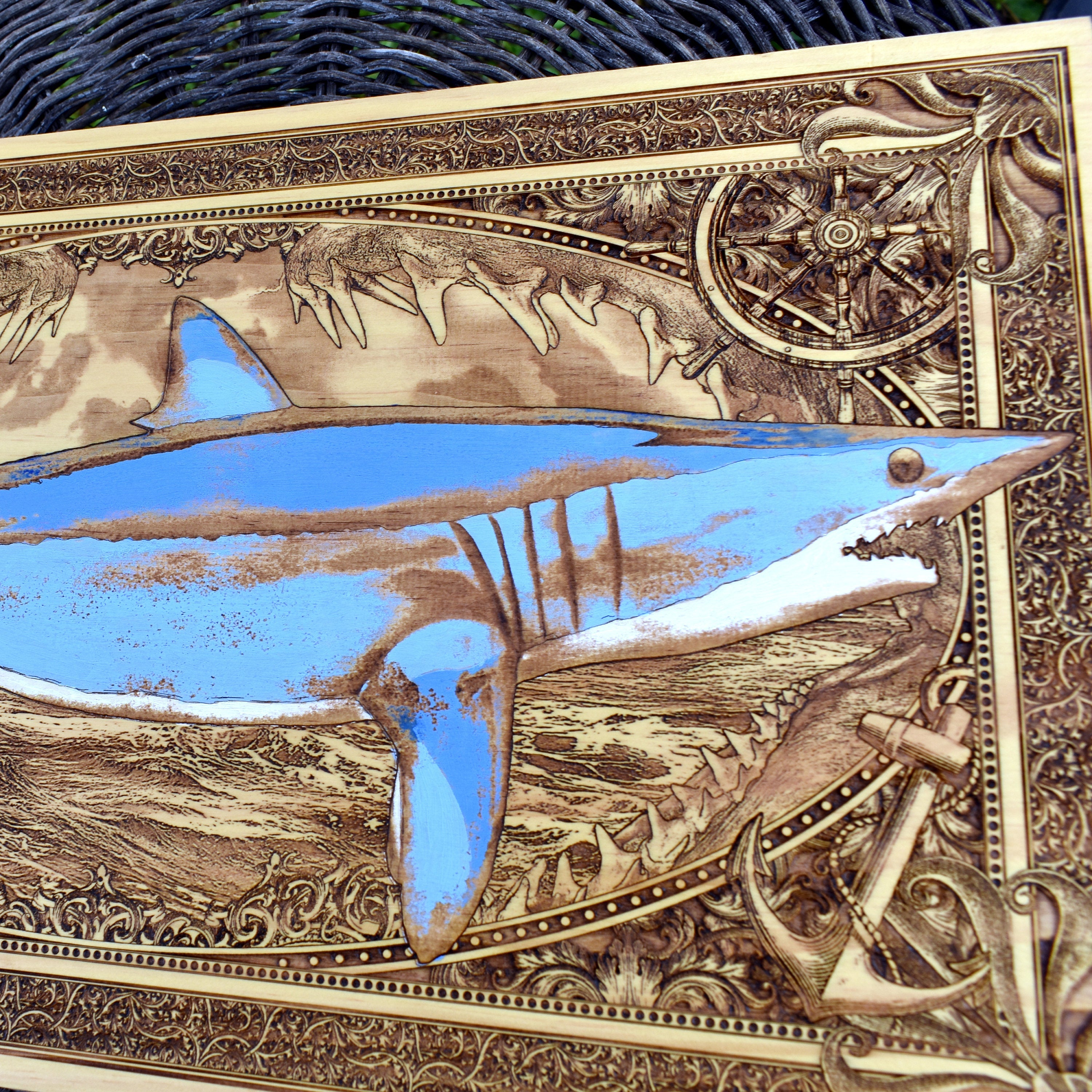Extra-large blue mako shark wood wall art, close-up of the blue mako shark and engraved seascape