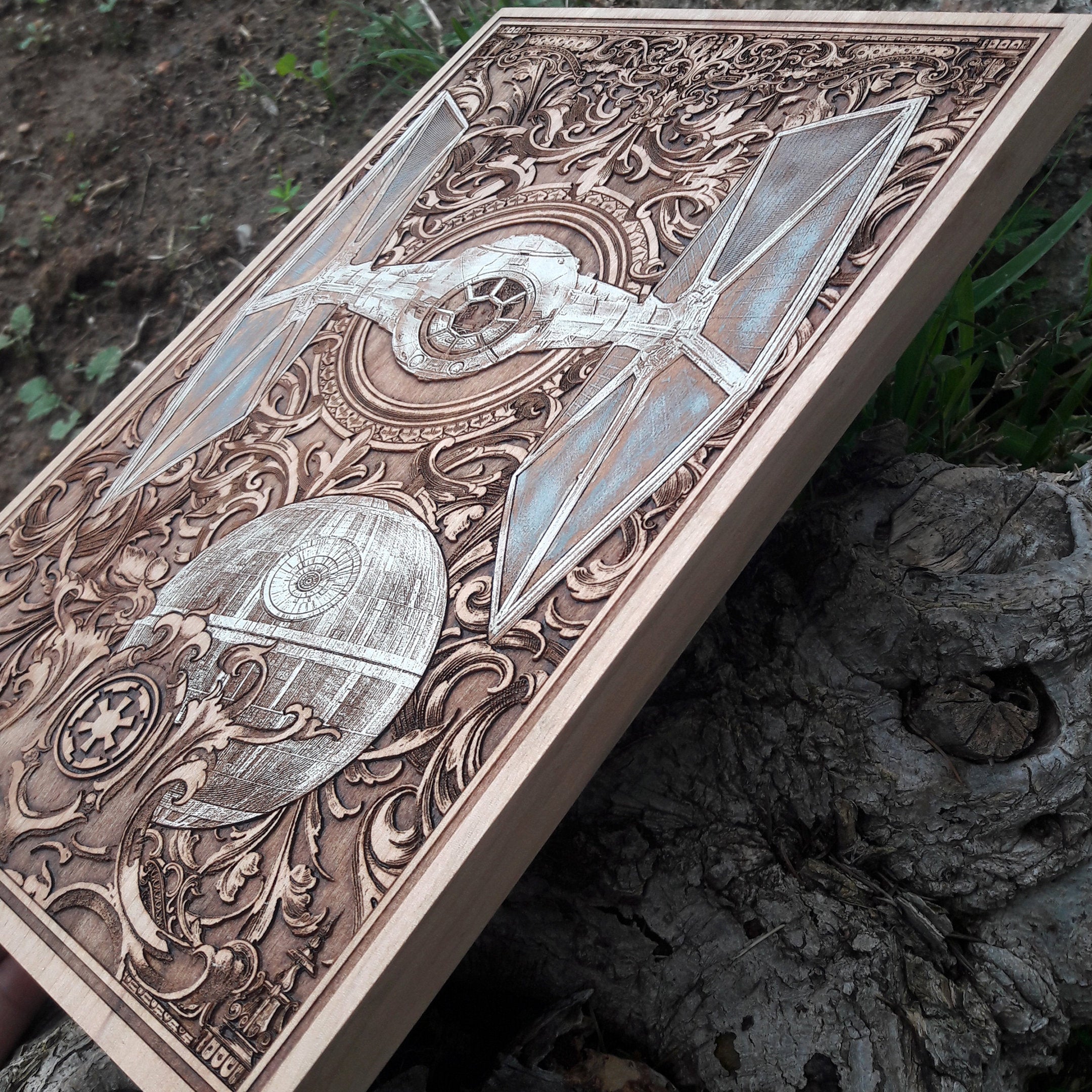 Unique handcrafted Tie Fighter wood engraving and painting