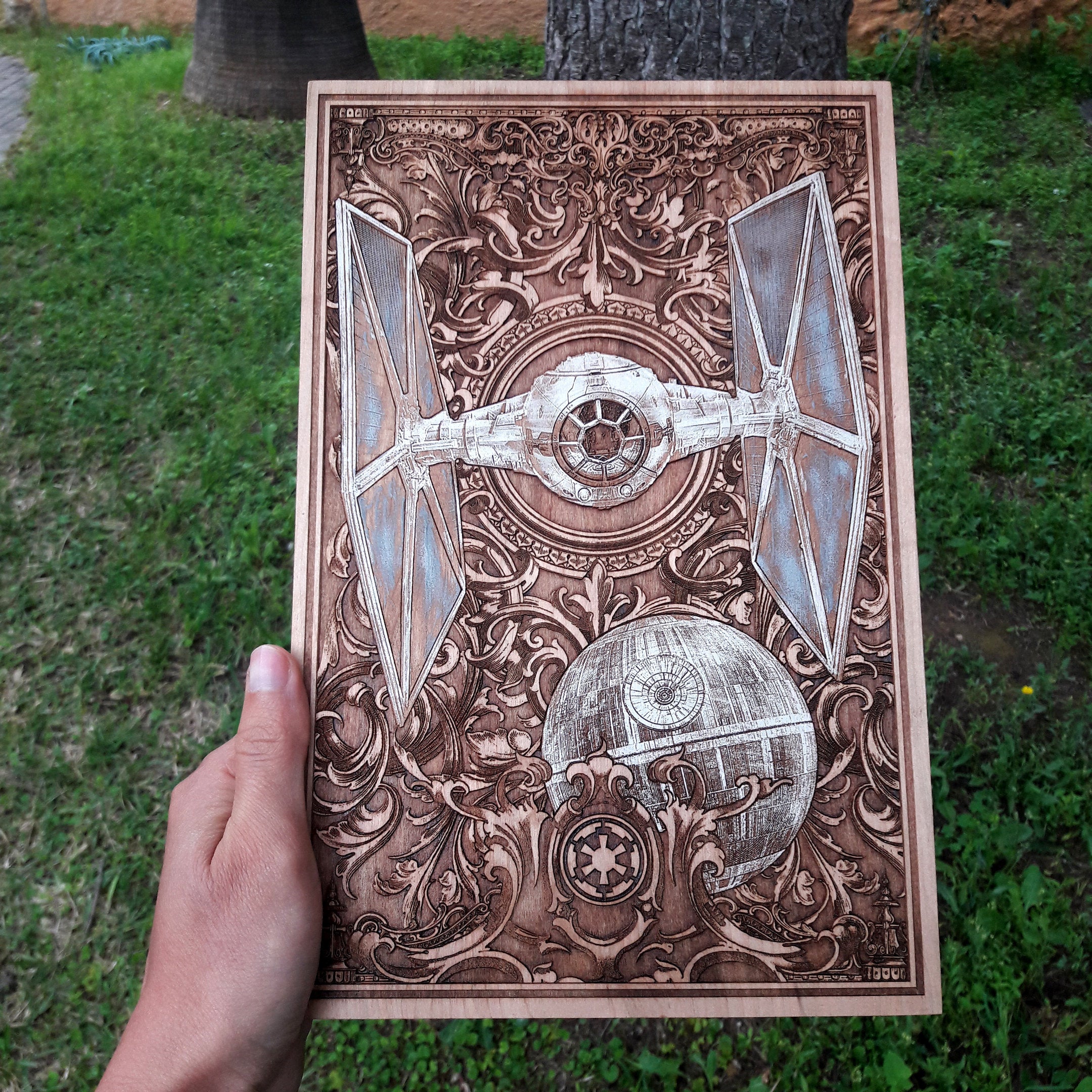 Sci-fi wood decor featuring a Star Wars Tie Fighter ship