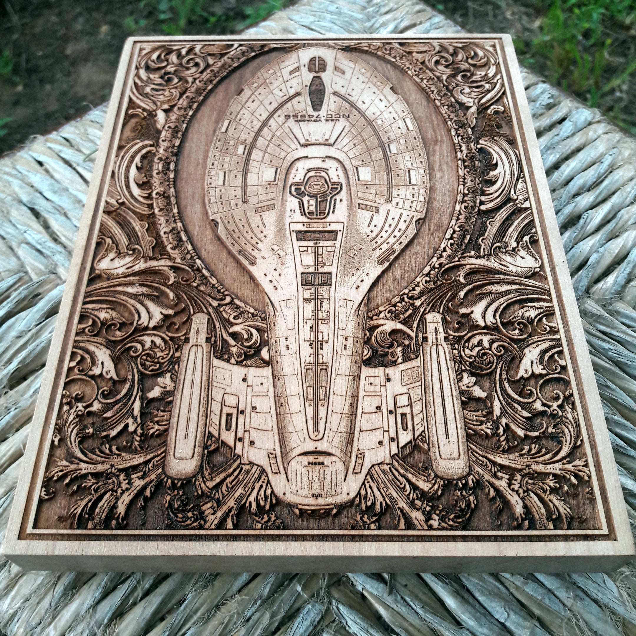 Premium wood artwork of the Star Trek Enterprise, perfect for home or office decor.