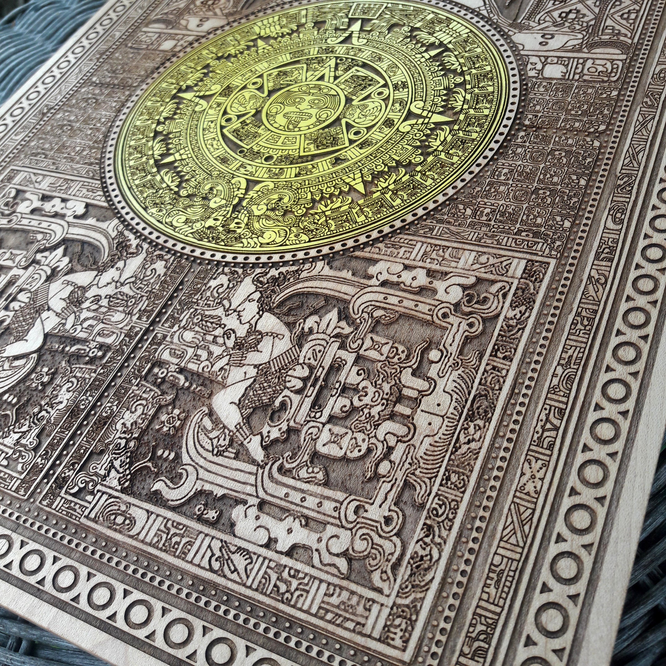 Handcrafted Aztec calendar wood art – tribal home design