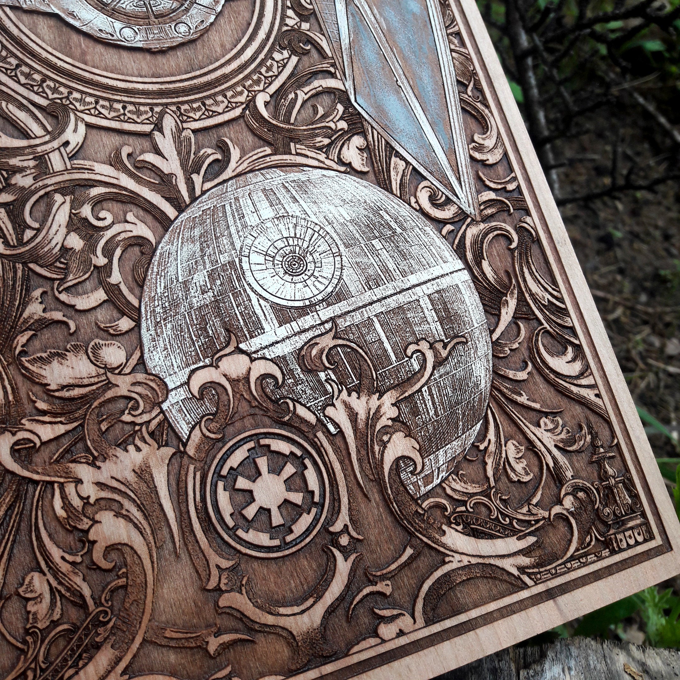Detailed Star Wars Tie Fighter spaceship on wood wall art