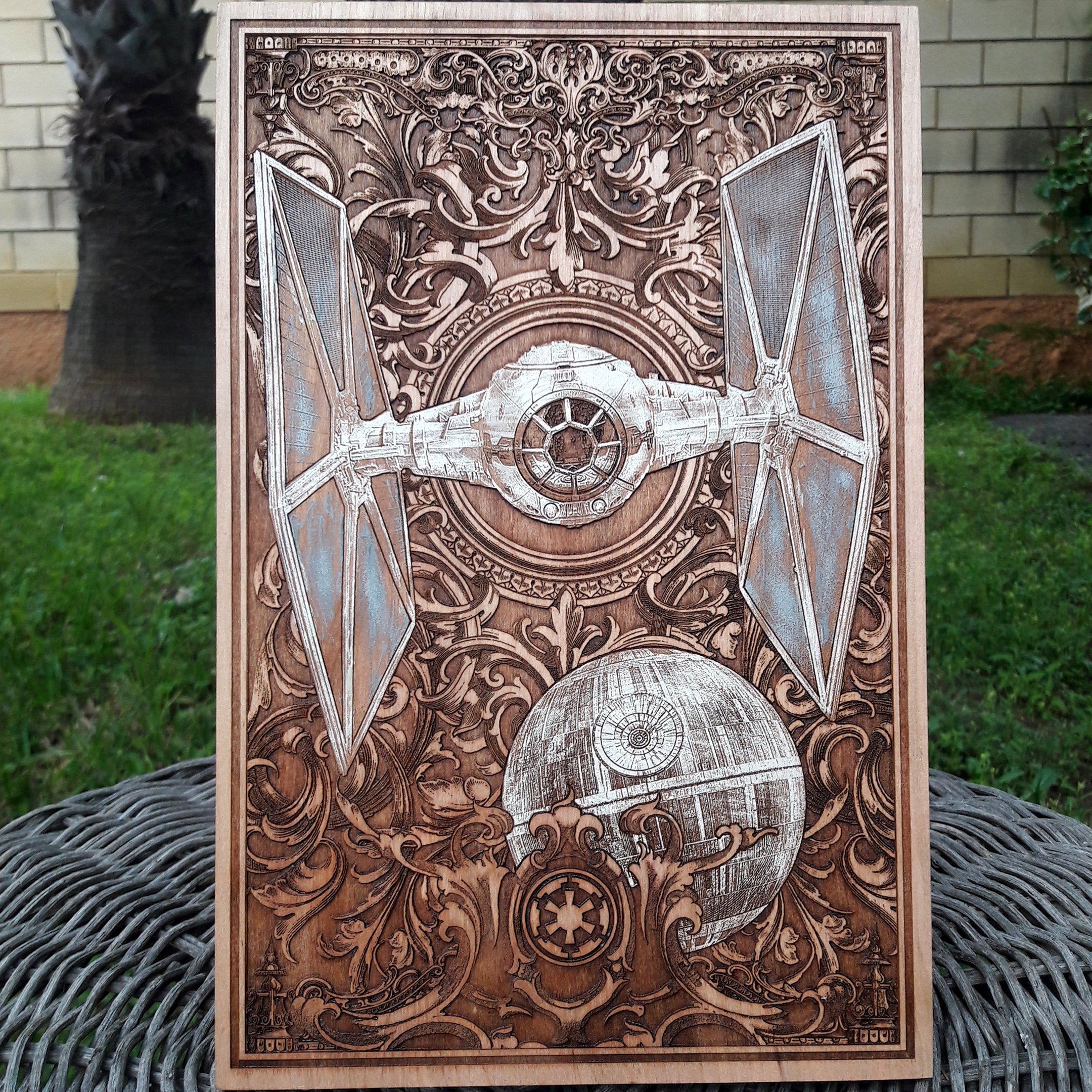 Hand-painted Tie Fighter wood art inspired by Star Wars