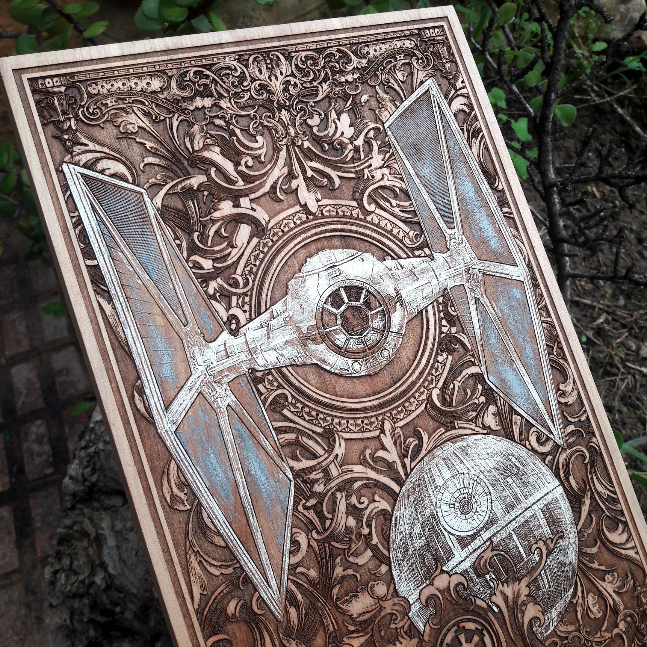Engraved Tie Fighter spaceship wood artwork for sci-fi fans