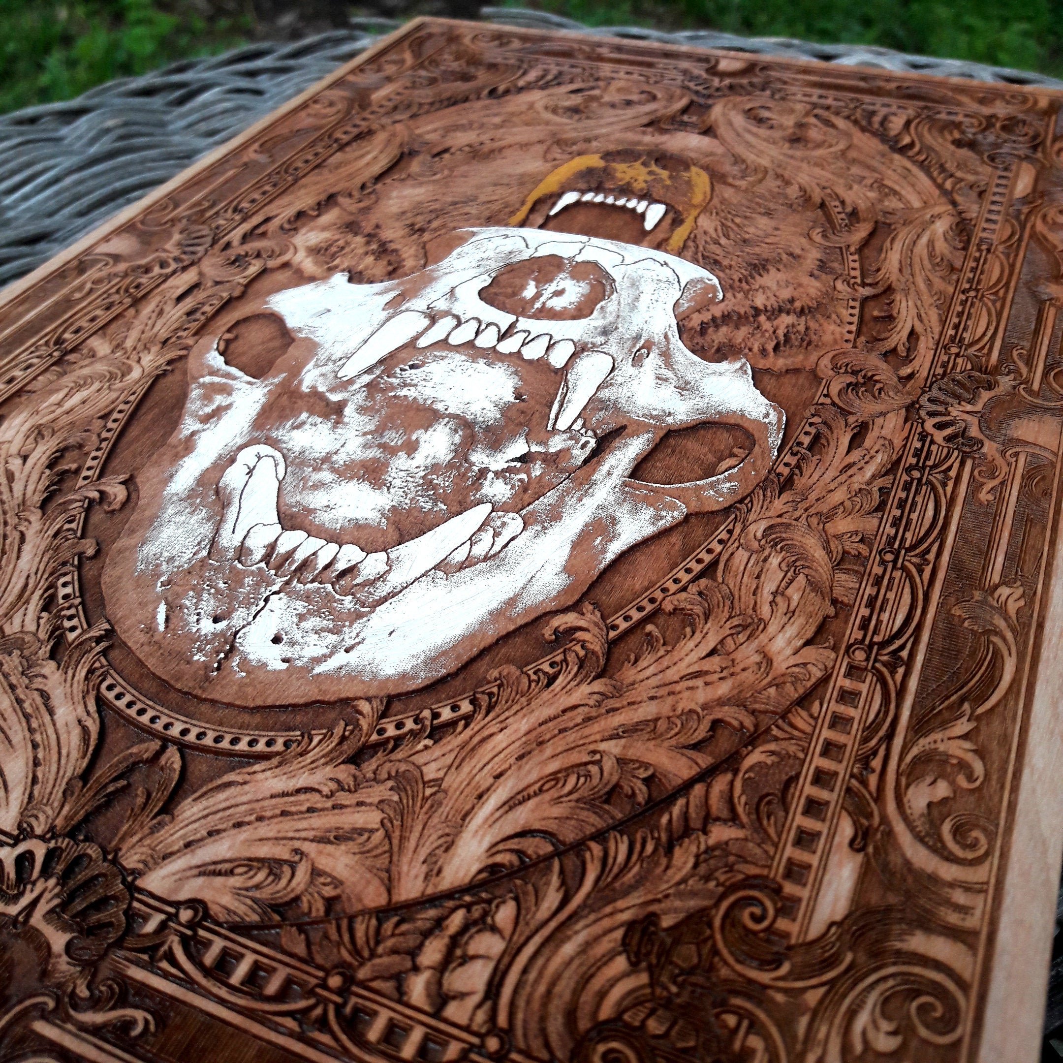 Dark fantasy skull bear painting on premium engraved wood