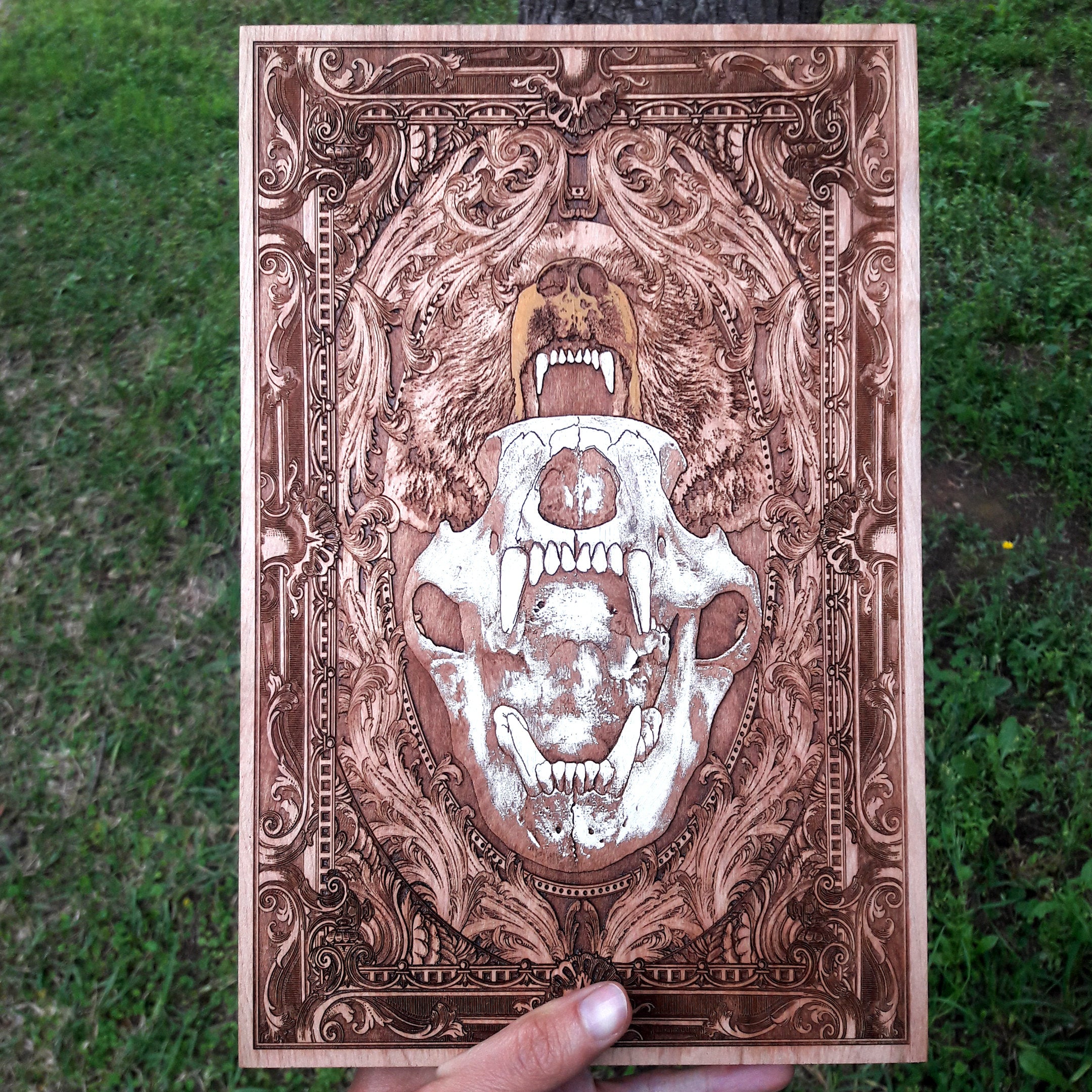 Skull bear wood wall art - rustic home decor for wildlife lovers