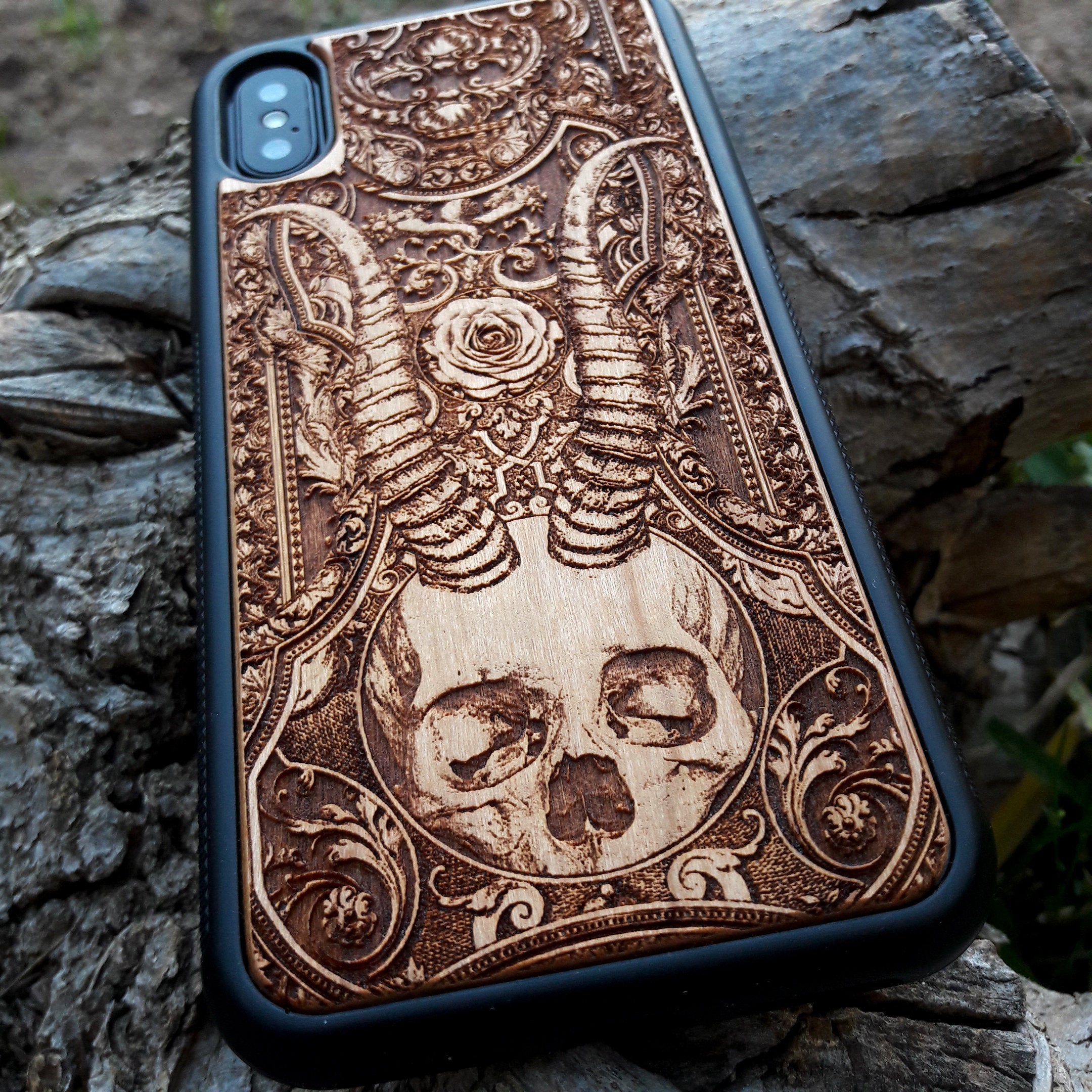 Handmade Beelzebub skull phone case, dark art wood design for iPhone & Galaxy