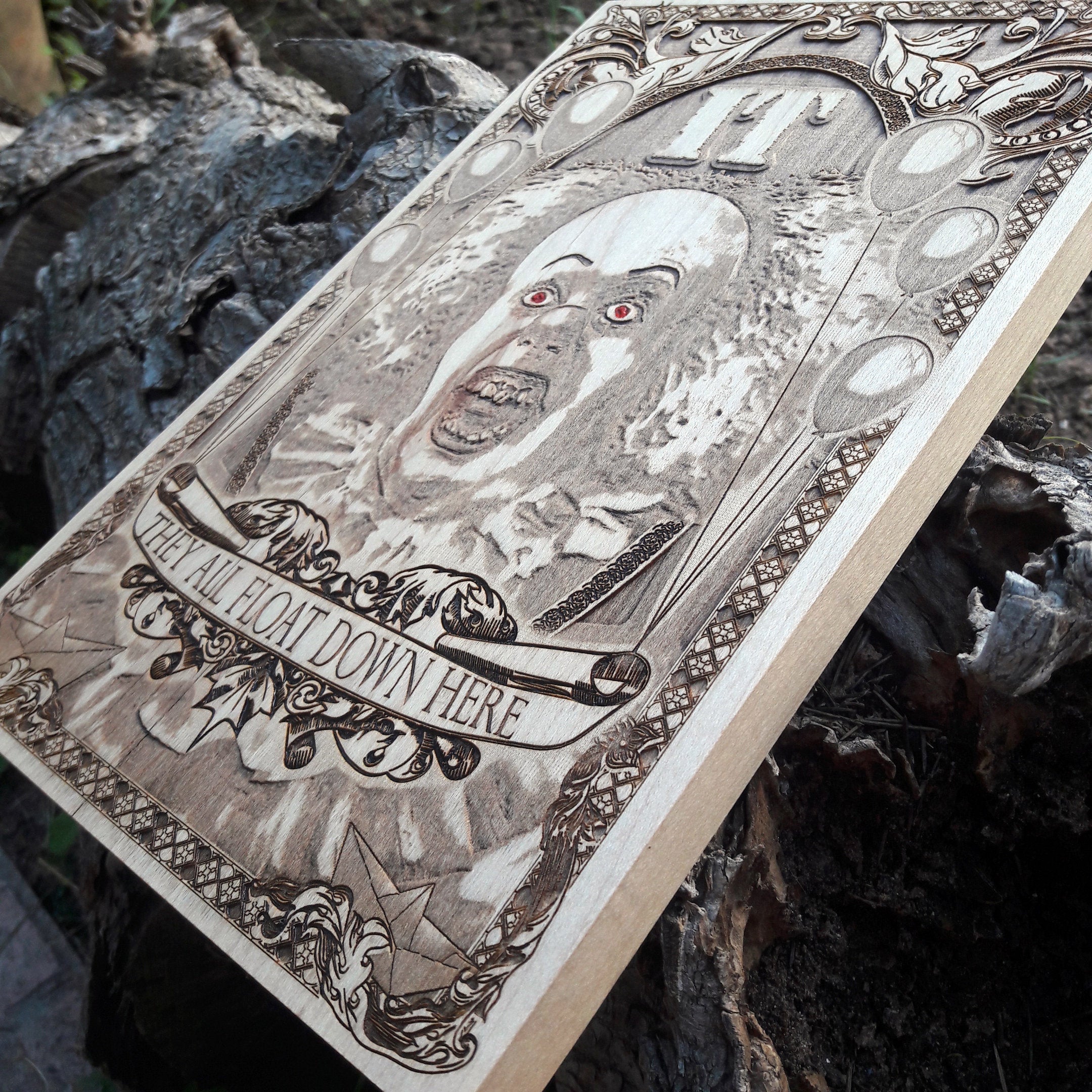 Handcrafted wooden Pennywise IT clown artwork, perfect for collectors.