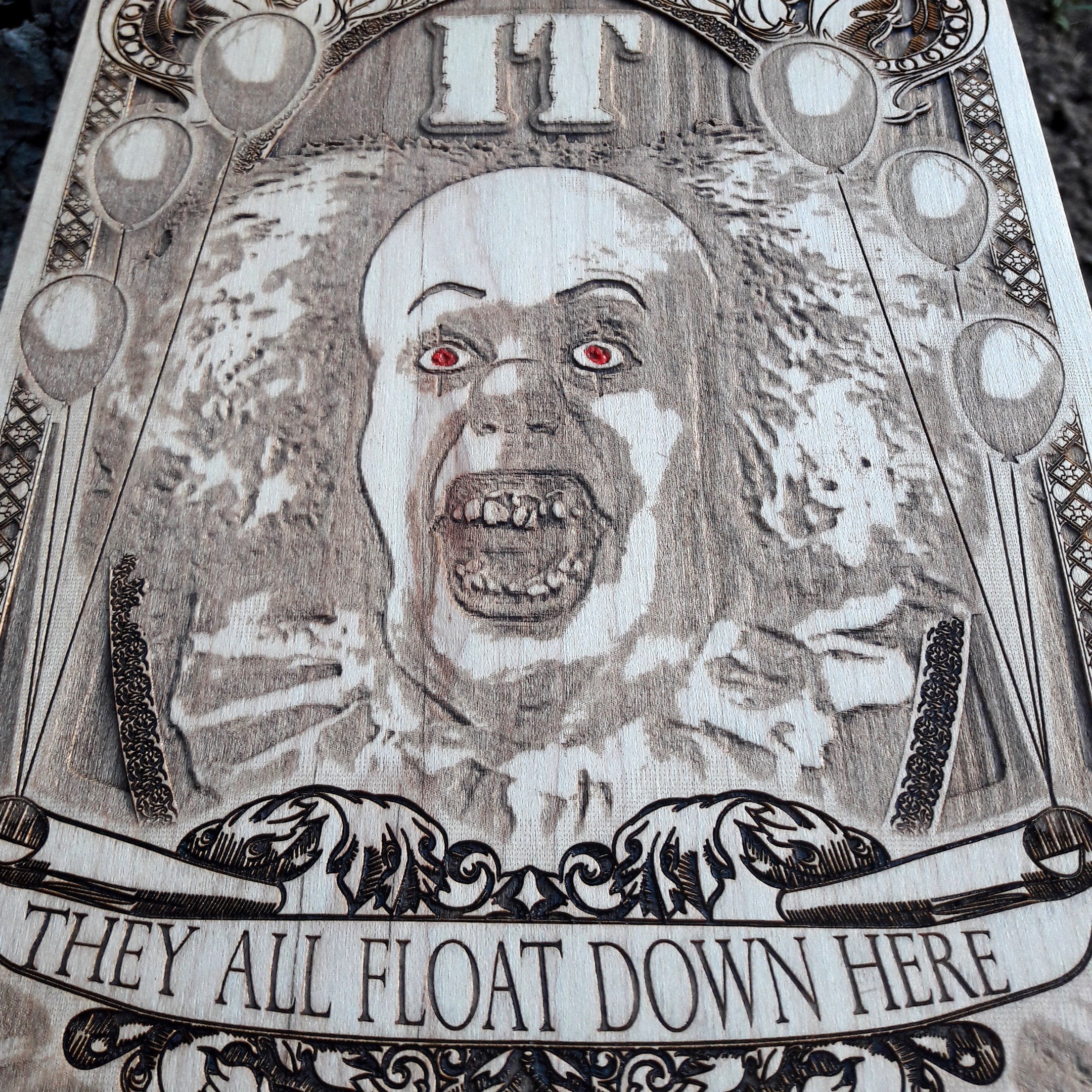 Scary horror movie decor featuring Pennywise the clown from IT.