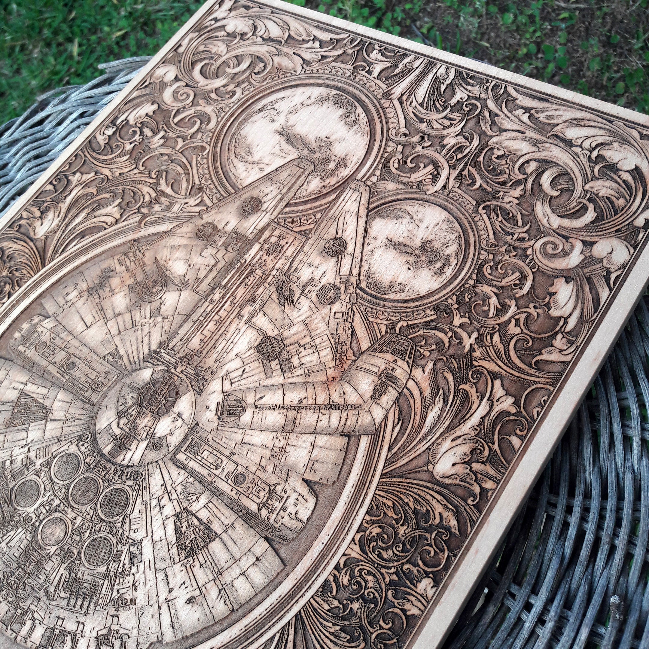 Handmade wood art of Millennium Falcon spaceship