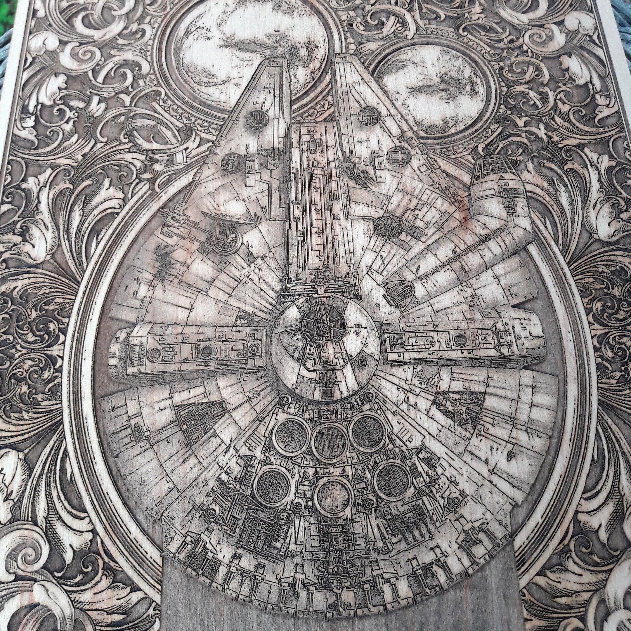 Star Wars Millennium Falcon engraved wood wall plaque