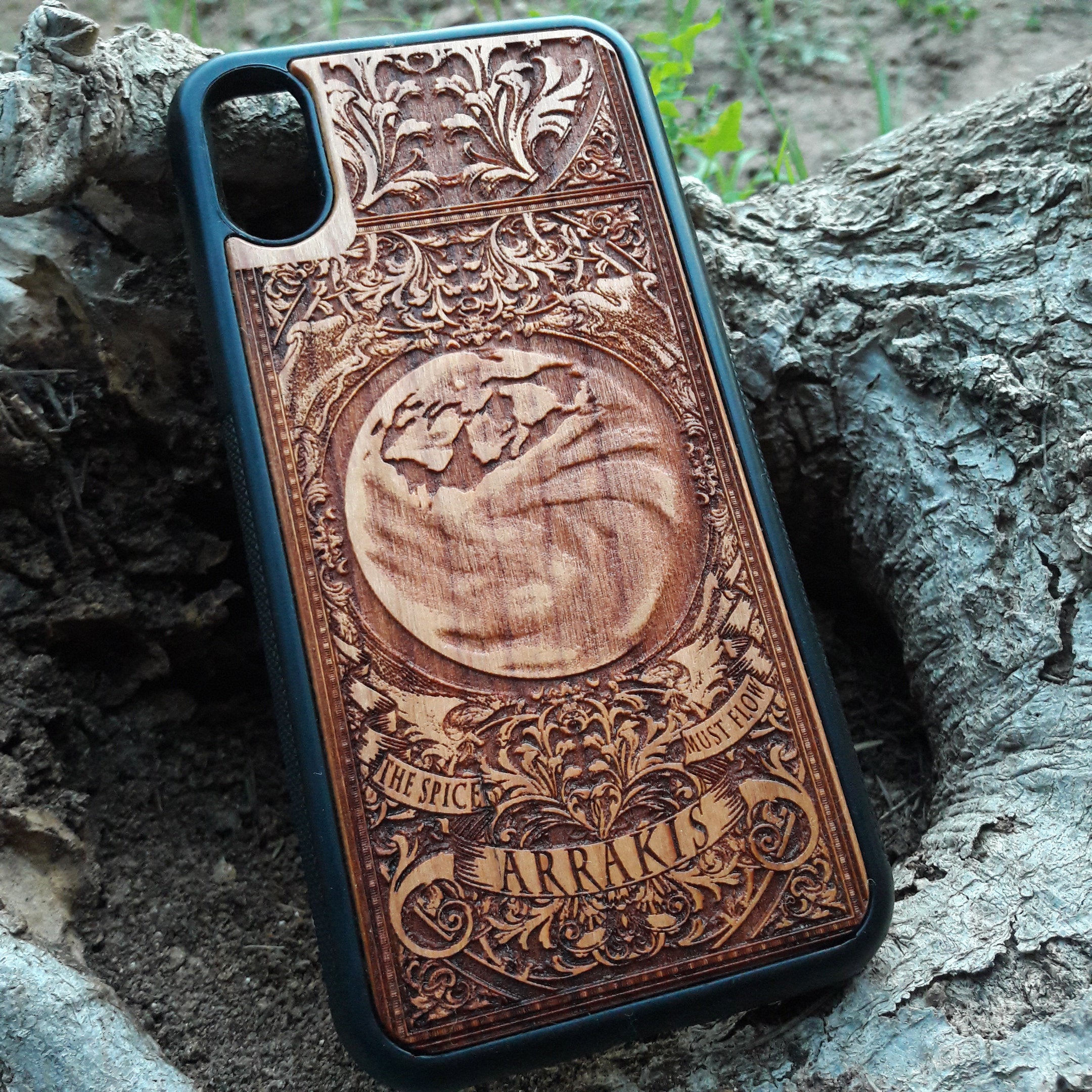 Arrakis Dune-inspired wood phone case featuring the iconic planet and "The Spice Must Flow" phrase, compatible with iPhone , 15, 14, 13, 12, 11 Pro Max Mini, Samsung Galaxy S, S24, S23, S22, S21, S20 Ultra Plus, and Note 20. Unique laser-engraved design