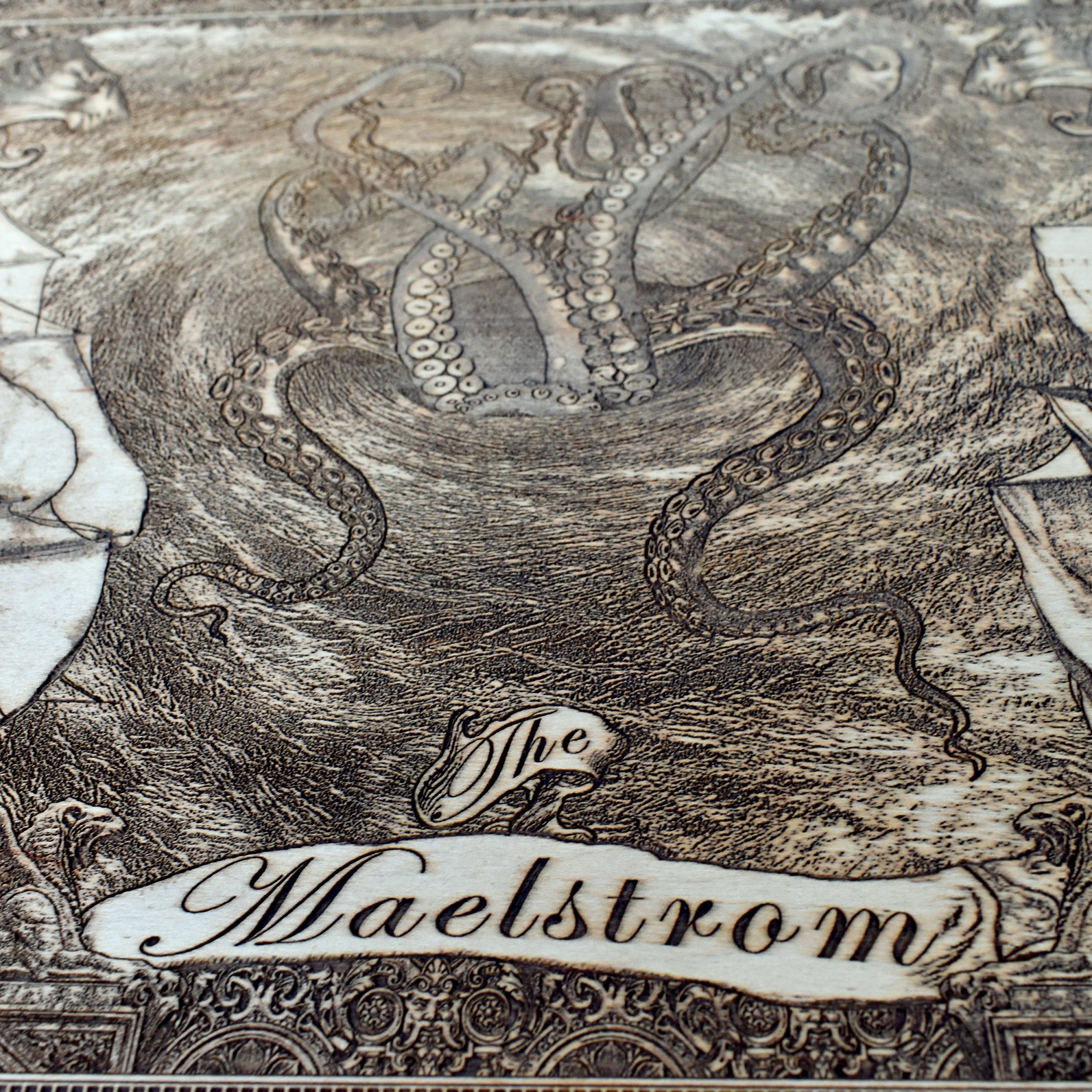 Stormy sea wood art with maelstrom vortex design for wall display