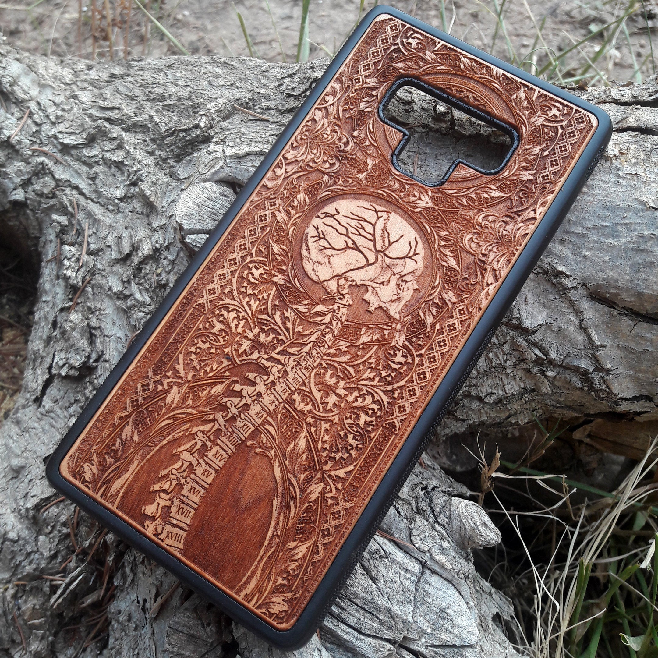 Wooden Spine phone case featuring detailed gothic carvings, compatible with iPhone , iPhone 15, Samsung Galaxy S, Note 20, and more. Ideal for lovers of gothic art and unique phone accessories.