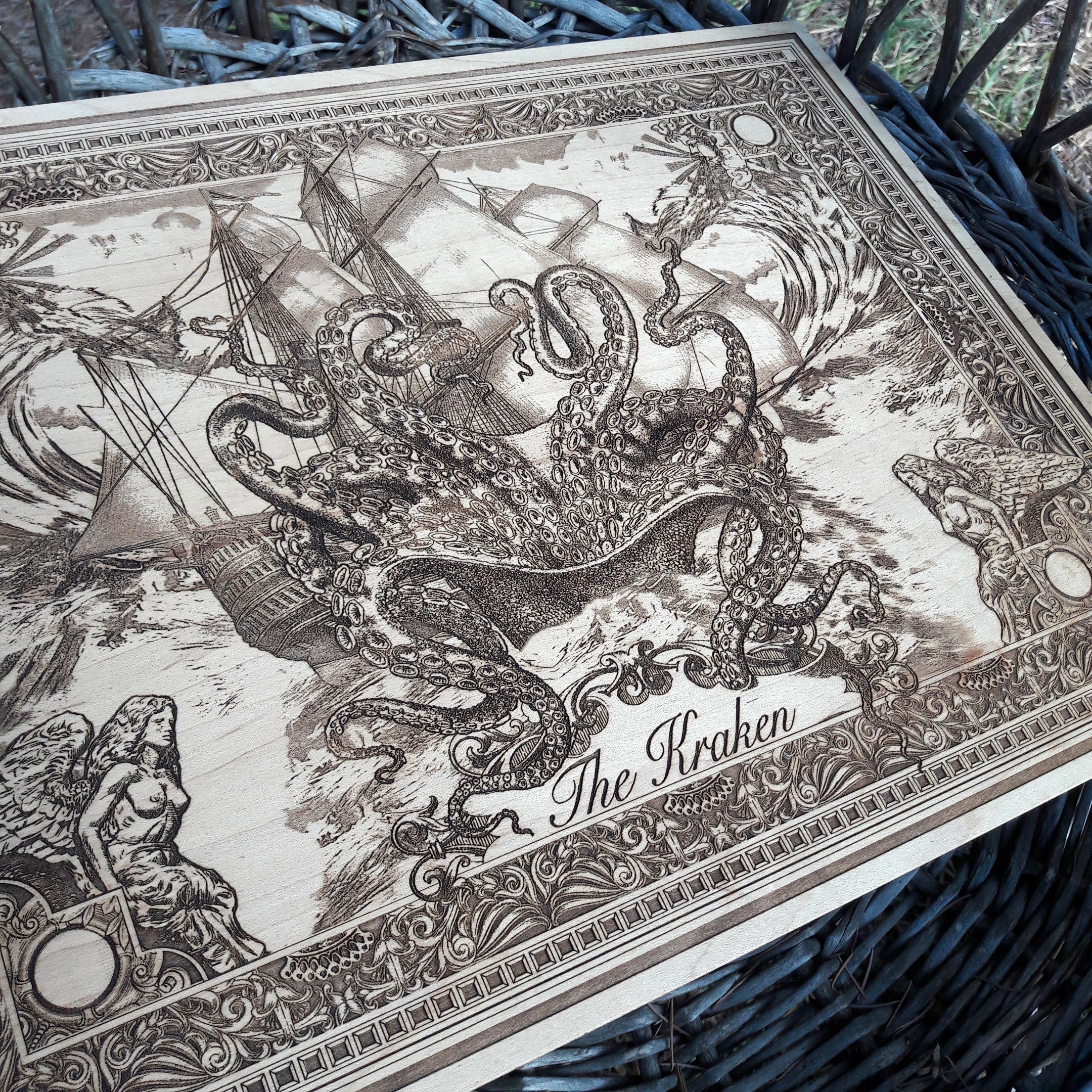 Wooden Kraken wall art, laser-engraved for pirate and nautical gift themes.