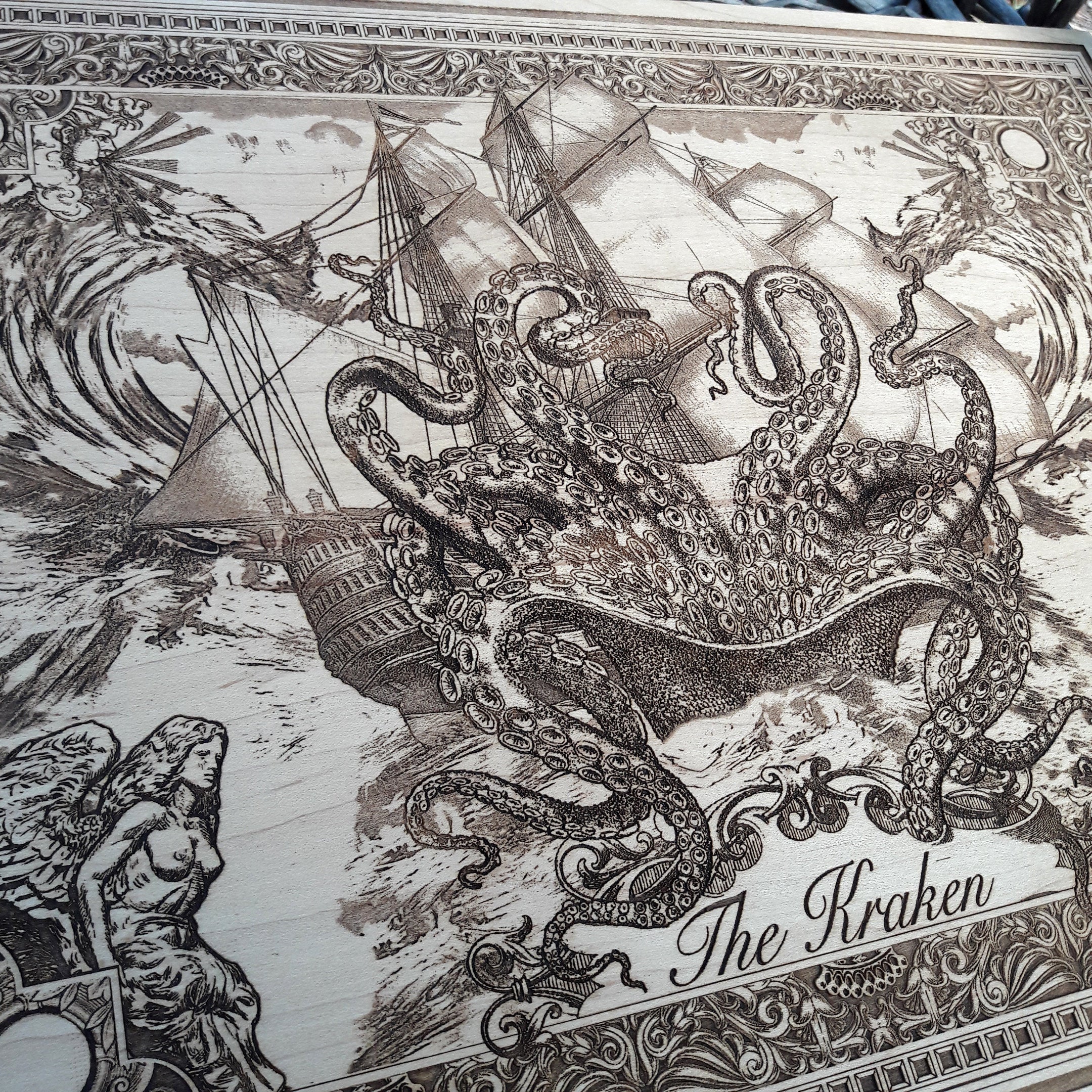 Handcrafted Kraken design on rustic wood, perfect ocean-themed gift for him.