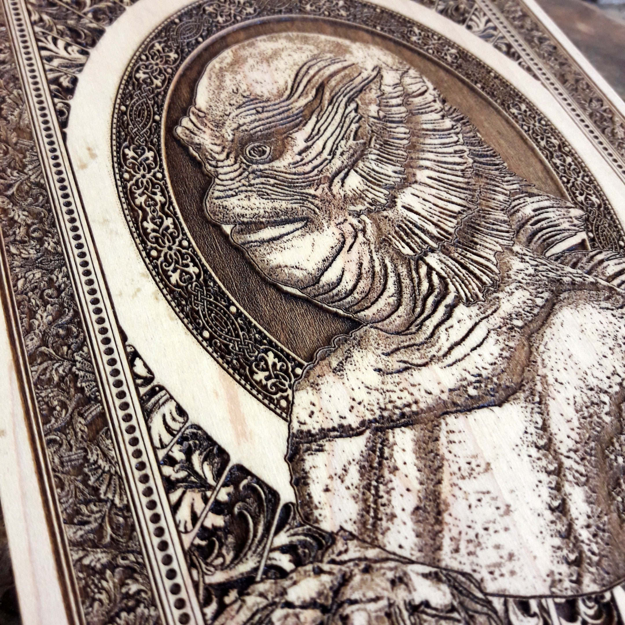 Engraved wooden plaque of Creature from the Black Lagoon – retro horror decor and unique horror gifts.