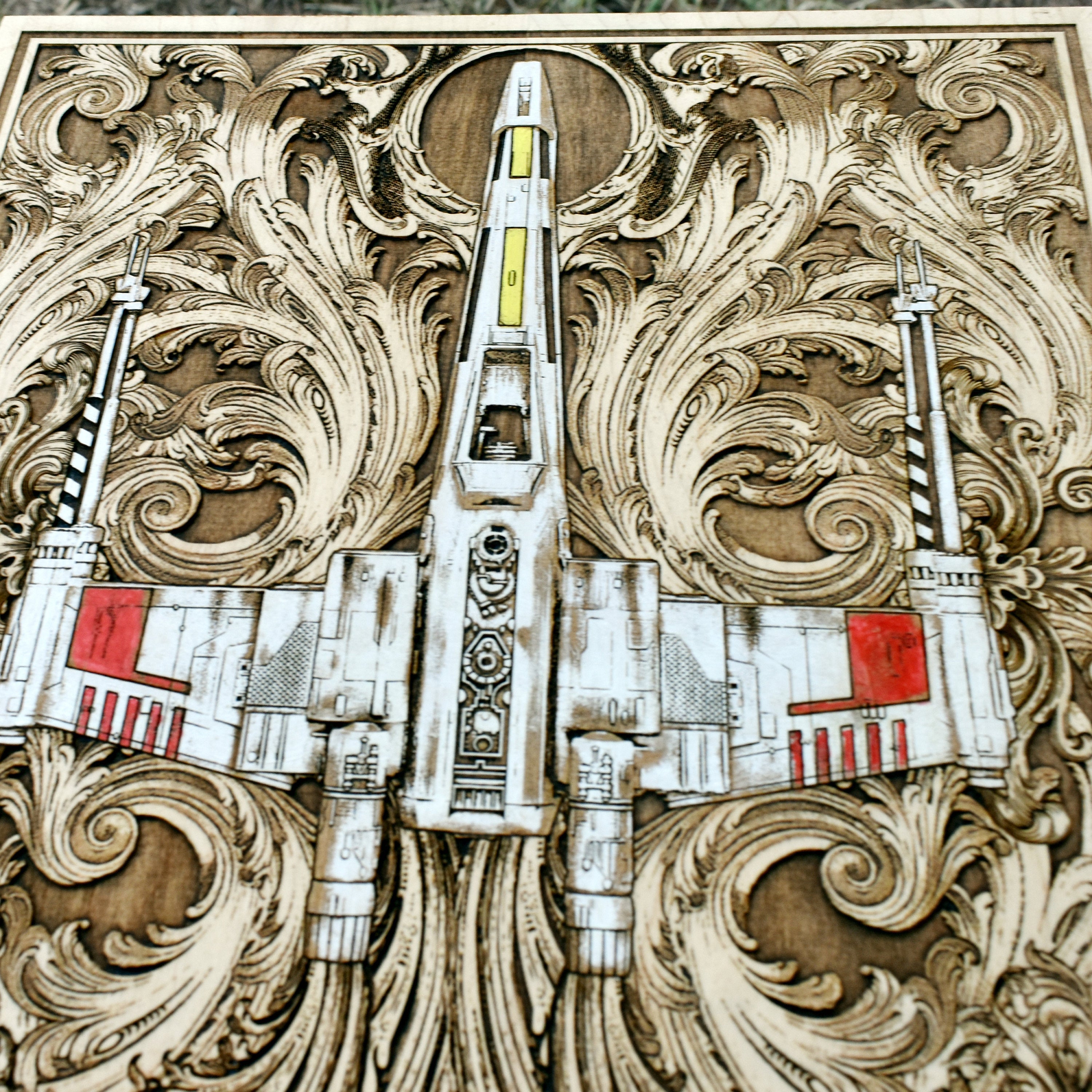 Sci-fi themed wall art with handcrafted X-Wing design