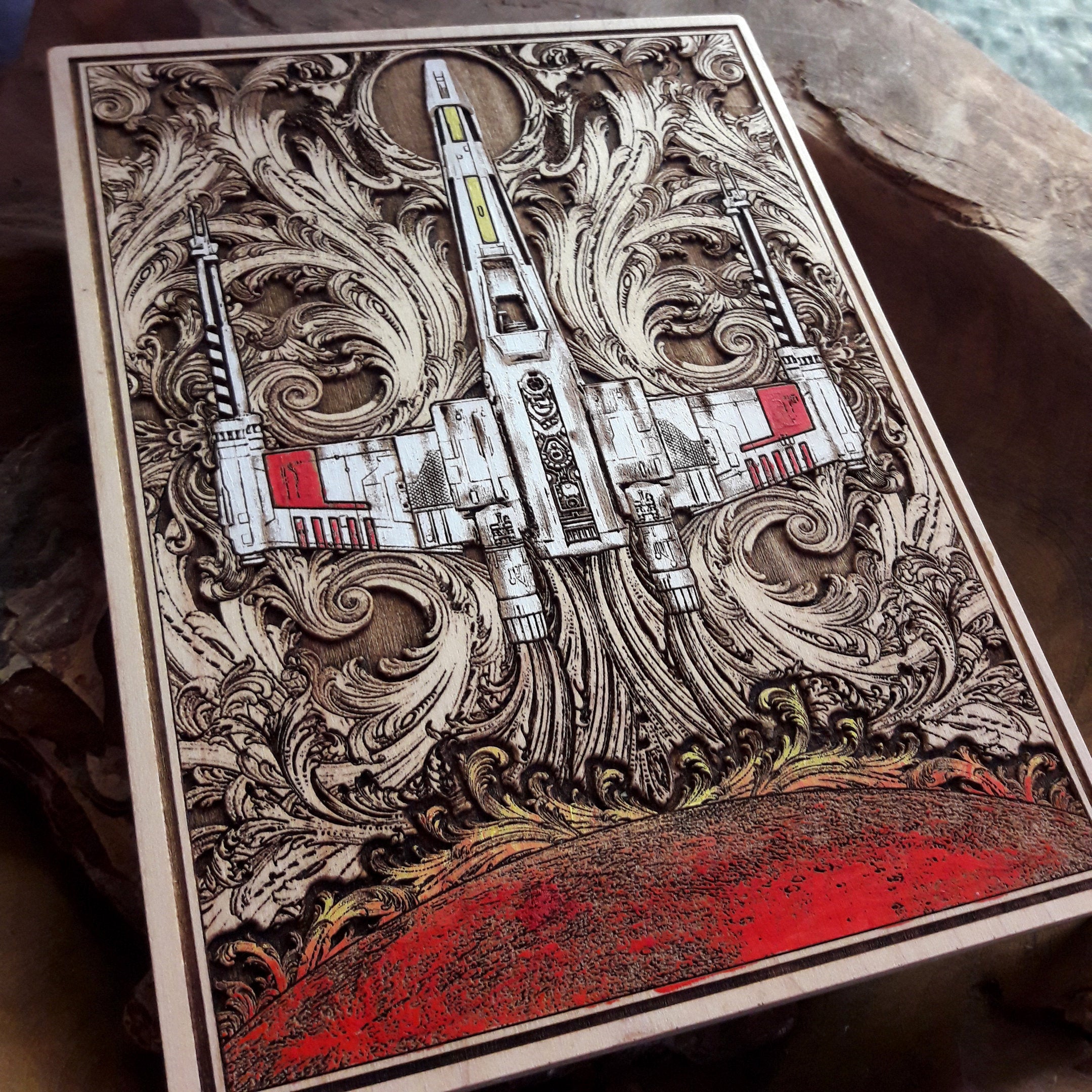 Laser-engraved X-Wing wood artwork, geeky gift for Star Wars lovers