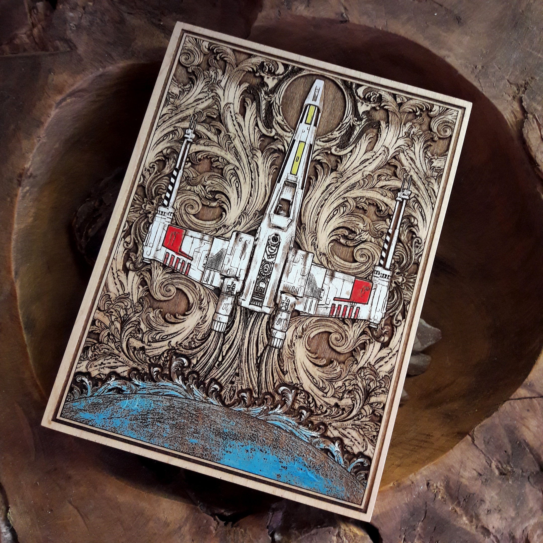 Star Wars X-Wing ship wooden artwork, intricate laser engraving design
