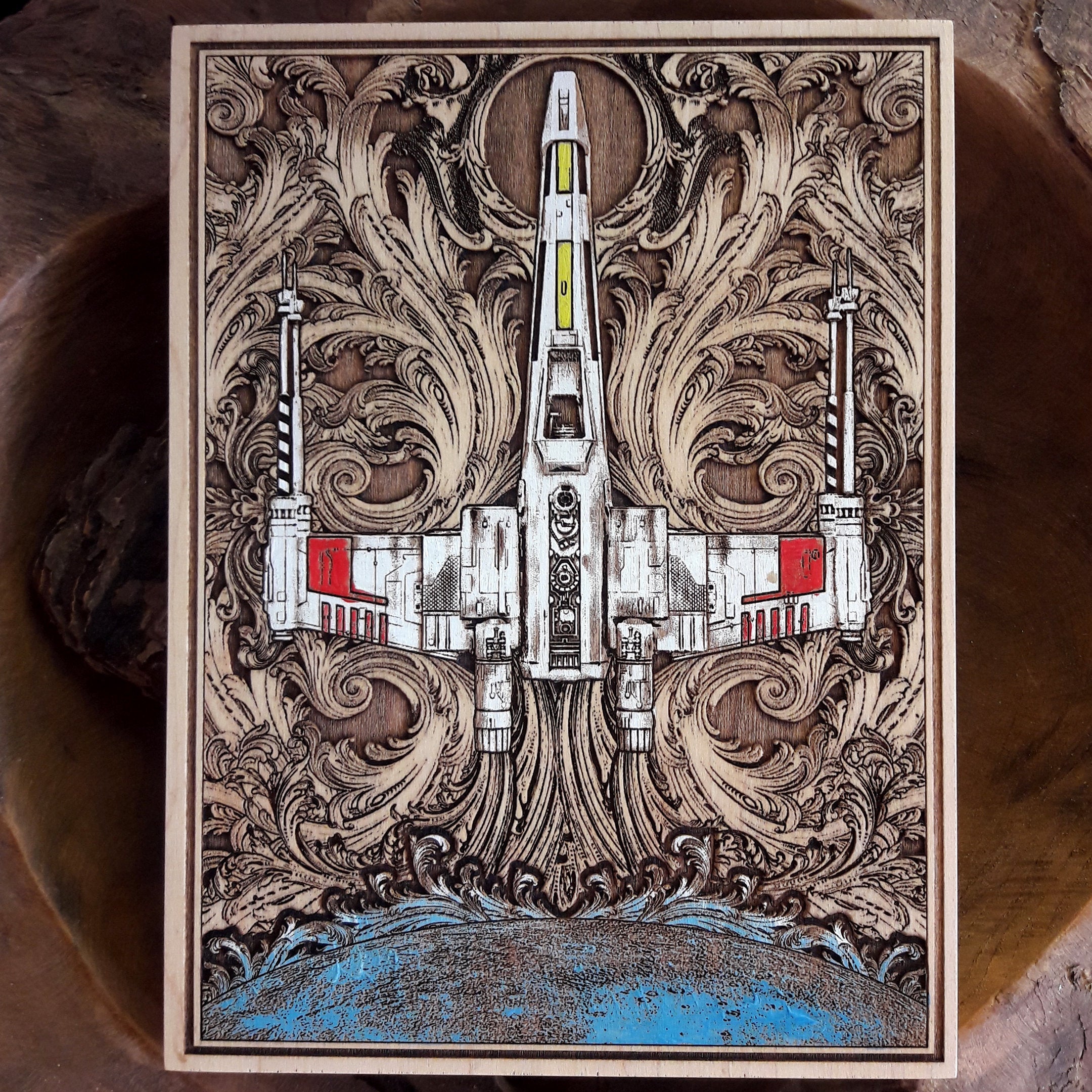 Laser-engraved Star Wars X-Wing ship wooden wall art for home decor