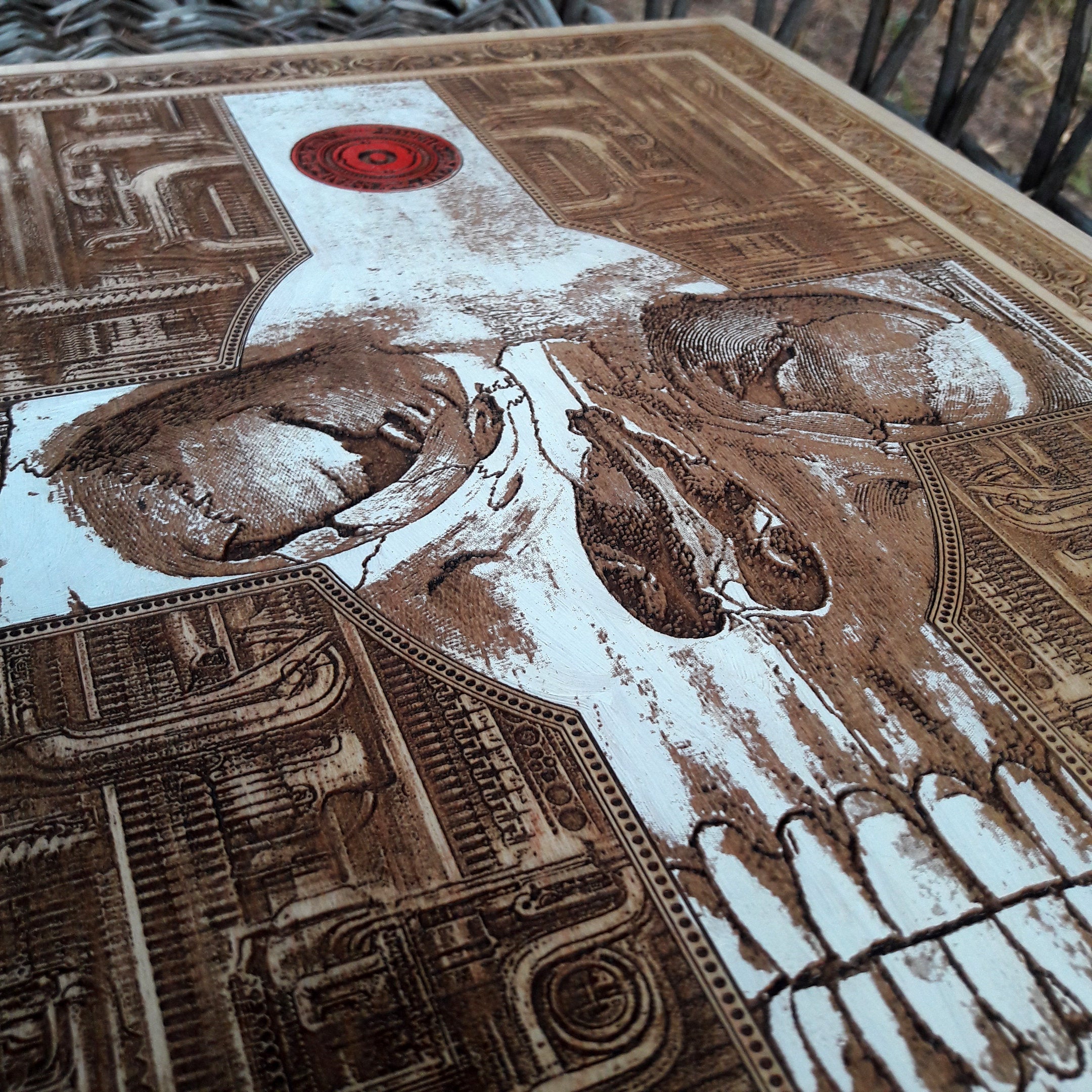 Hand-painted gothic skull and cross artwork on maple wood.
