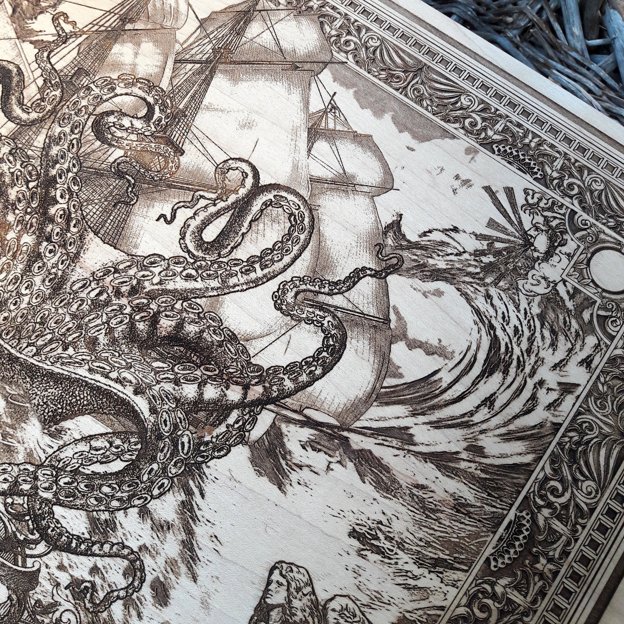 Dark wood Kraken engraving, nautical anniversary gift idea for sea lovers.