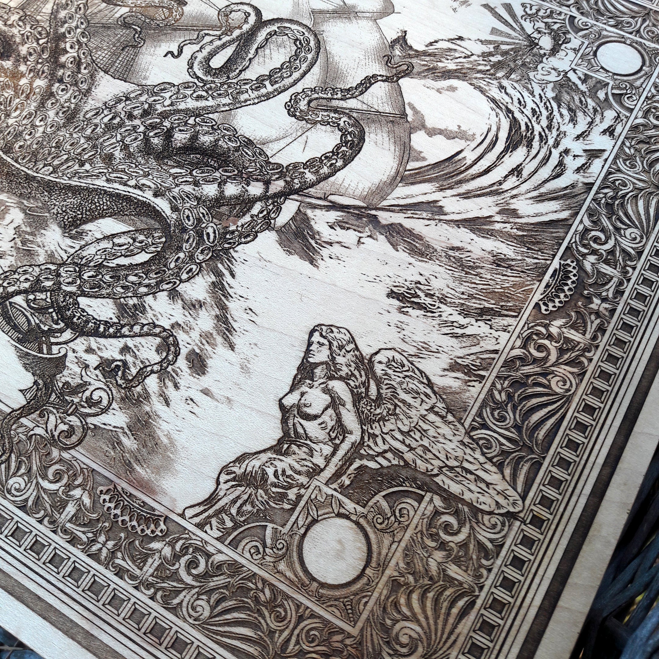 Sea monster wood wall hanging, handcrafted Kraken design for ocean homes.