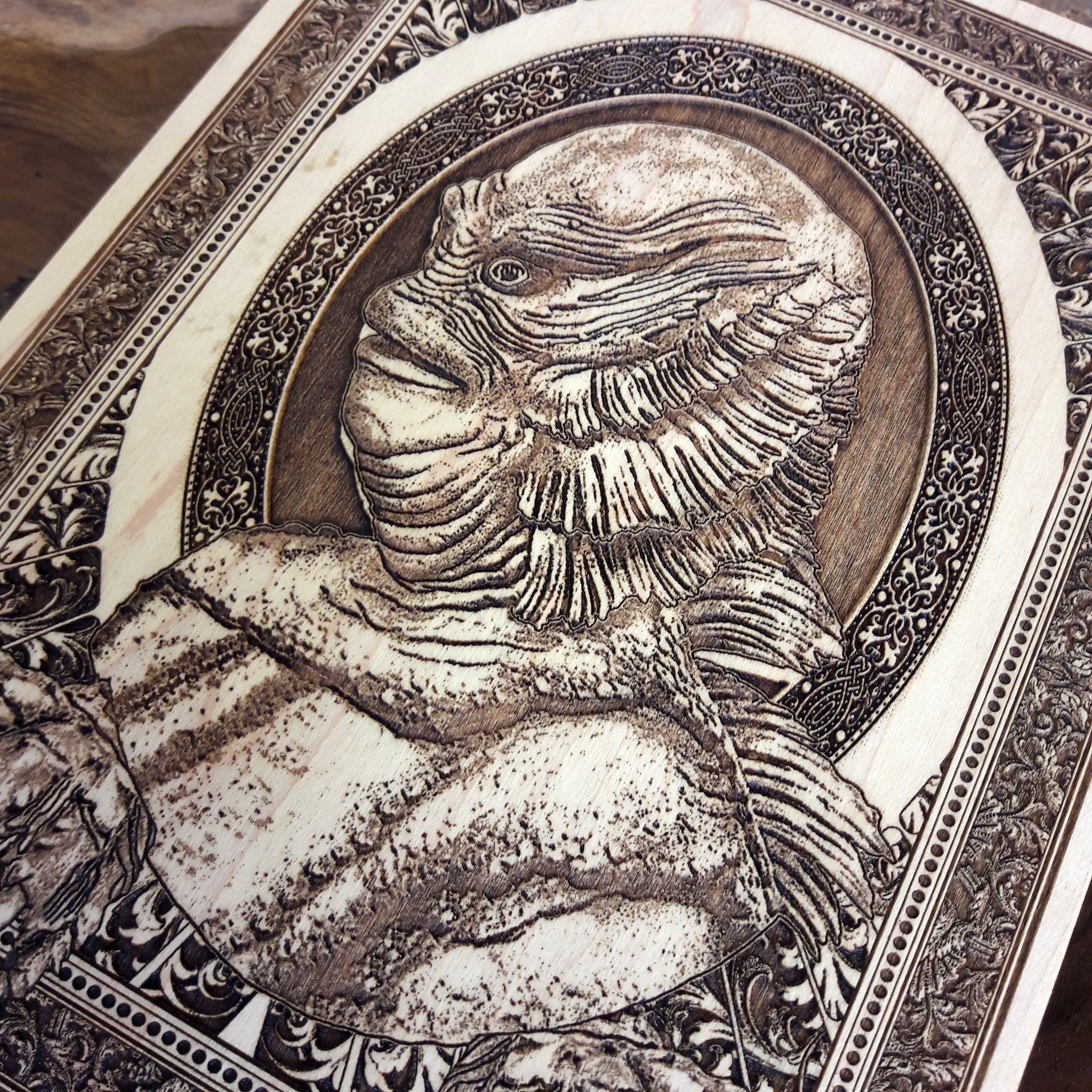 Horror-themed wood wall art – Creature from the Black Lagoon wooden engraving for vintage monster decor.
