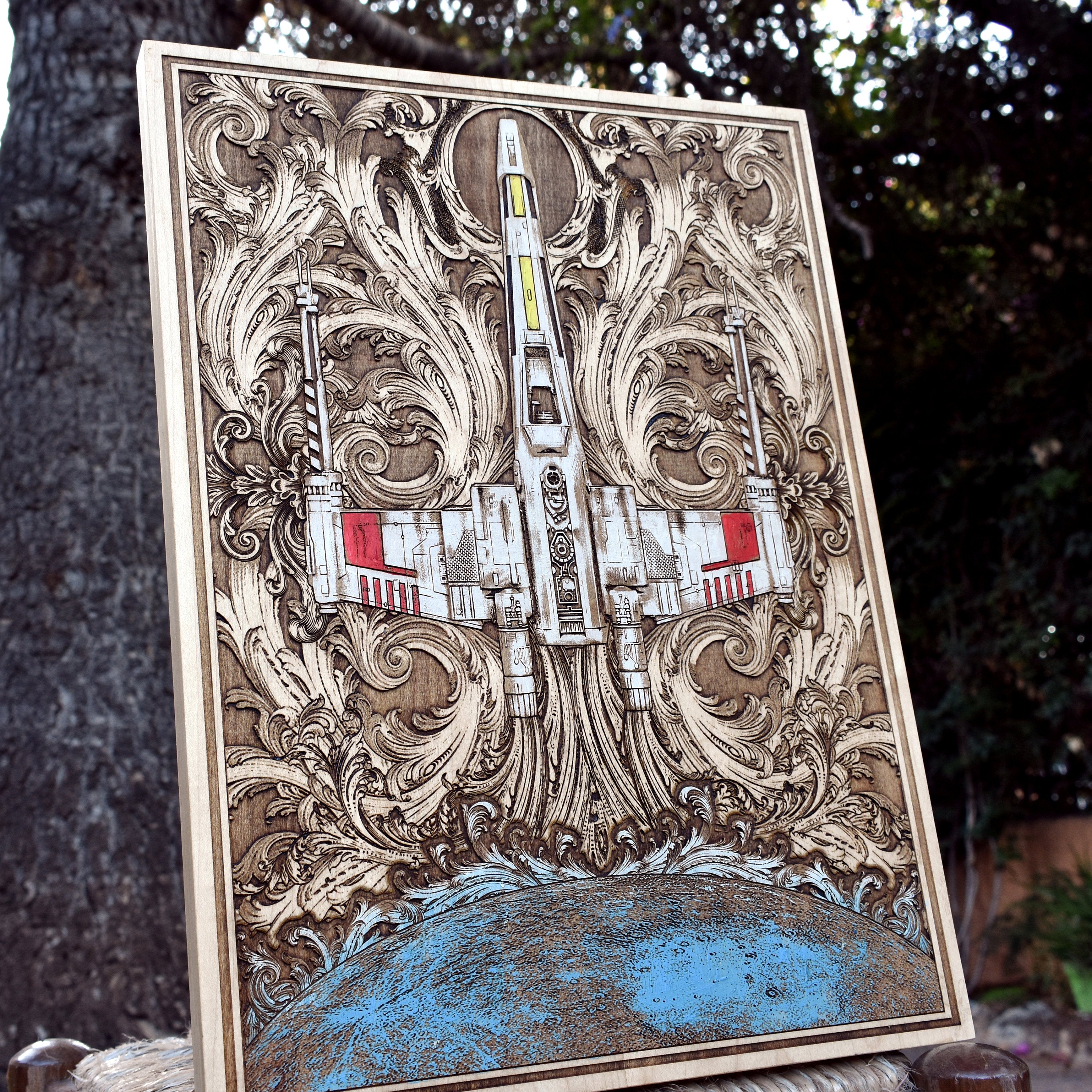 Laser-engraved X-Wing Star Wars wooden plaque for sci-fi decor