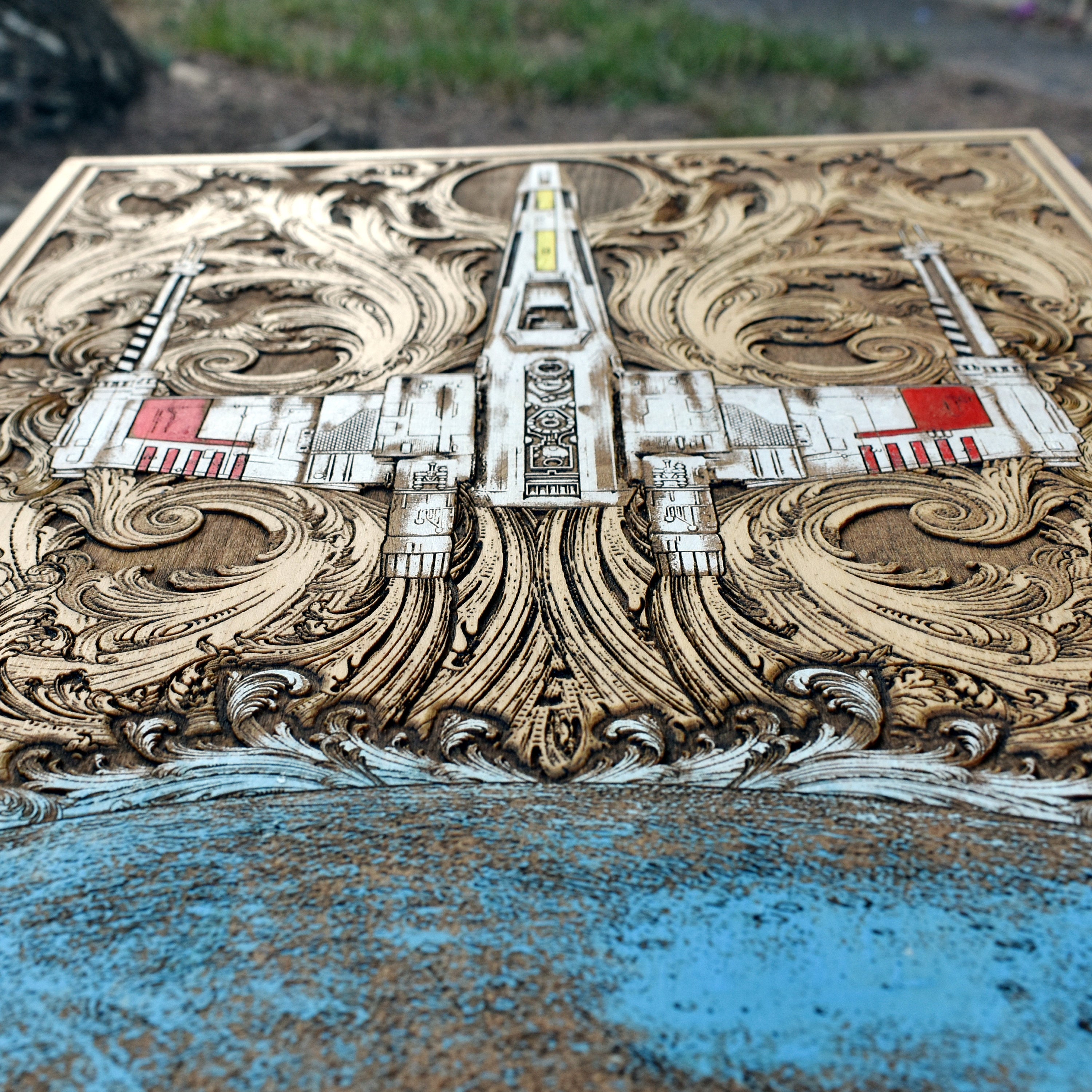 Unique sci-fi wood gift featuring X-Wing ship design