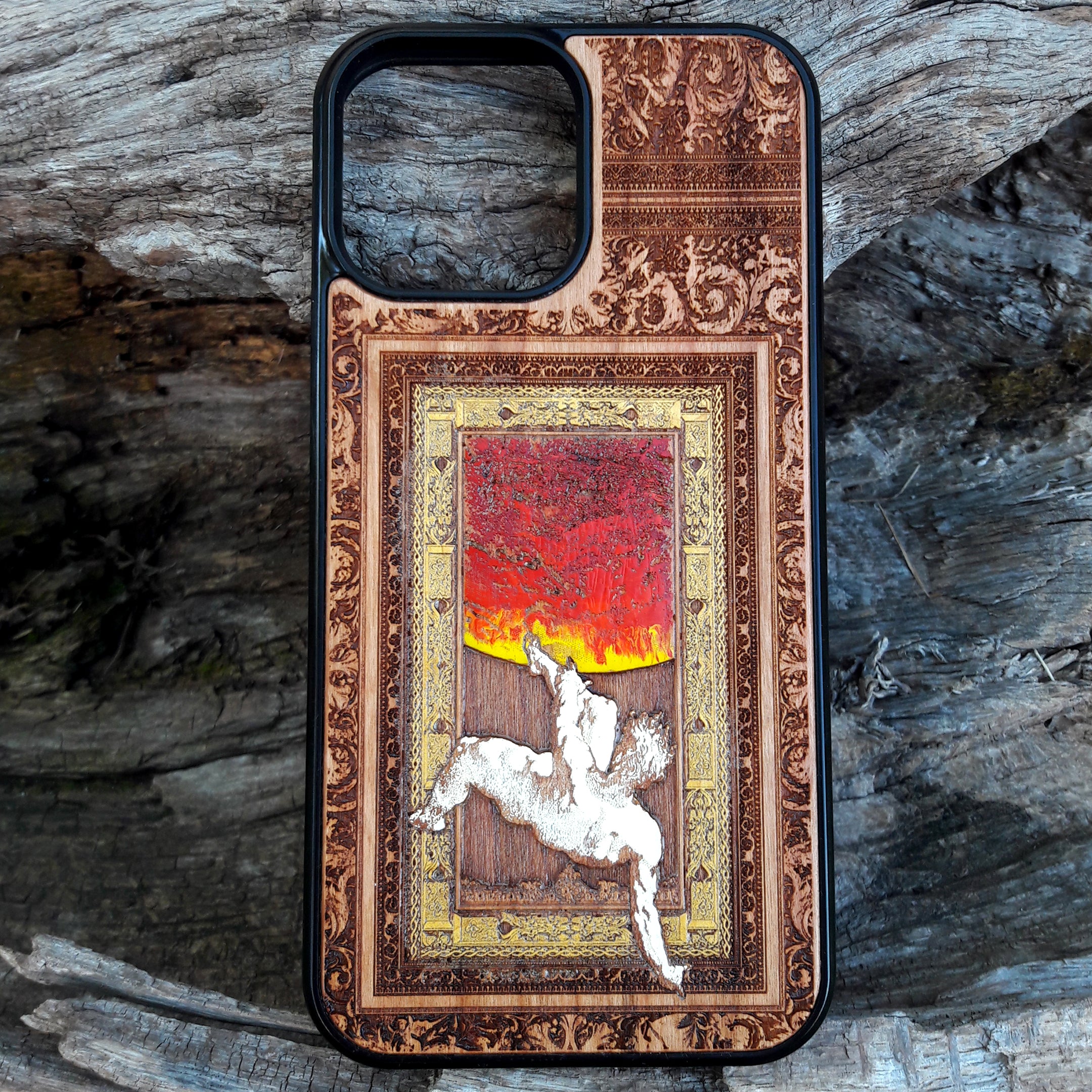 Laser-engraved Celtic Tree of Life design on a wooden phone case, compatible with iPhone and samsung galaxy